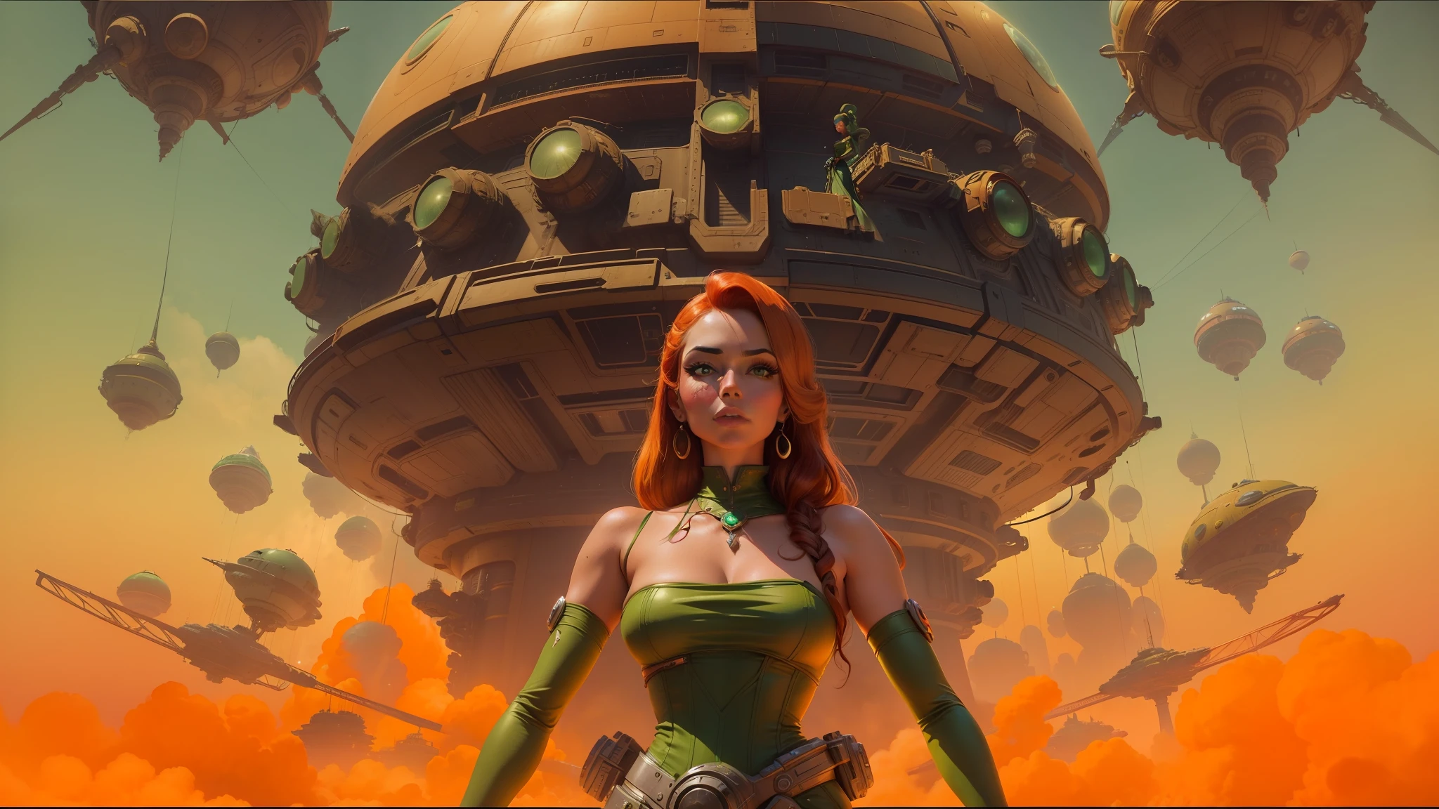 there is a woman in a green dress standing in front of a spaceship, retropunk, mars attacks, by Kuno Veeber, orange tone, the jewelpunk aesthetic, musk ( 2 0 2 4 ), asya yoranova and alan lee, youtube thumbnail, widescreen, dorian cleavenger --auto --s2