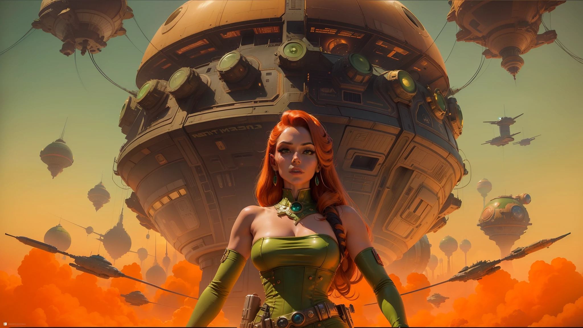 there is a woman in a green dress standing in front of a spaceship, retropunk, mars attacks, by Kuno Veeber, orange tone, the jewelpunk aesthetic, musk ( 2 0 2 4 ), asya yoranova and alan lee, youtube thumbnail, widescreen, dorian cleavenger --auto --s2