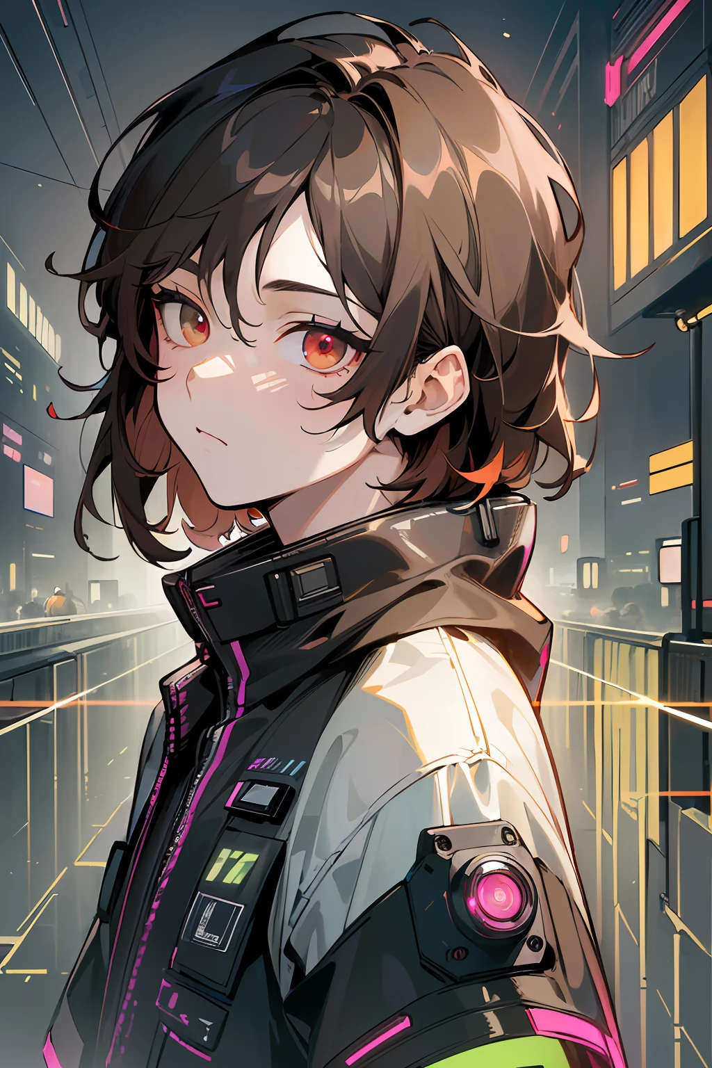 (artwork:1.2), (masterpiece:1.3), (best quality:1.2), (best artist:1.2), (indirect linear lighting:1.3), (best desinger:1.3), (Wlop:1.1), (extremely detailed CG 8k unit wallpaper), (1boy), short brown hair, (multicolored eyes+heterochromatic:1.2), wearing clothes (cyberpunk electronics:1.2), (futuristic city background:1.3)