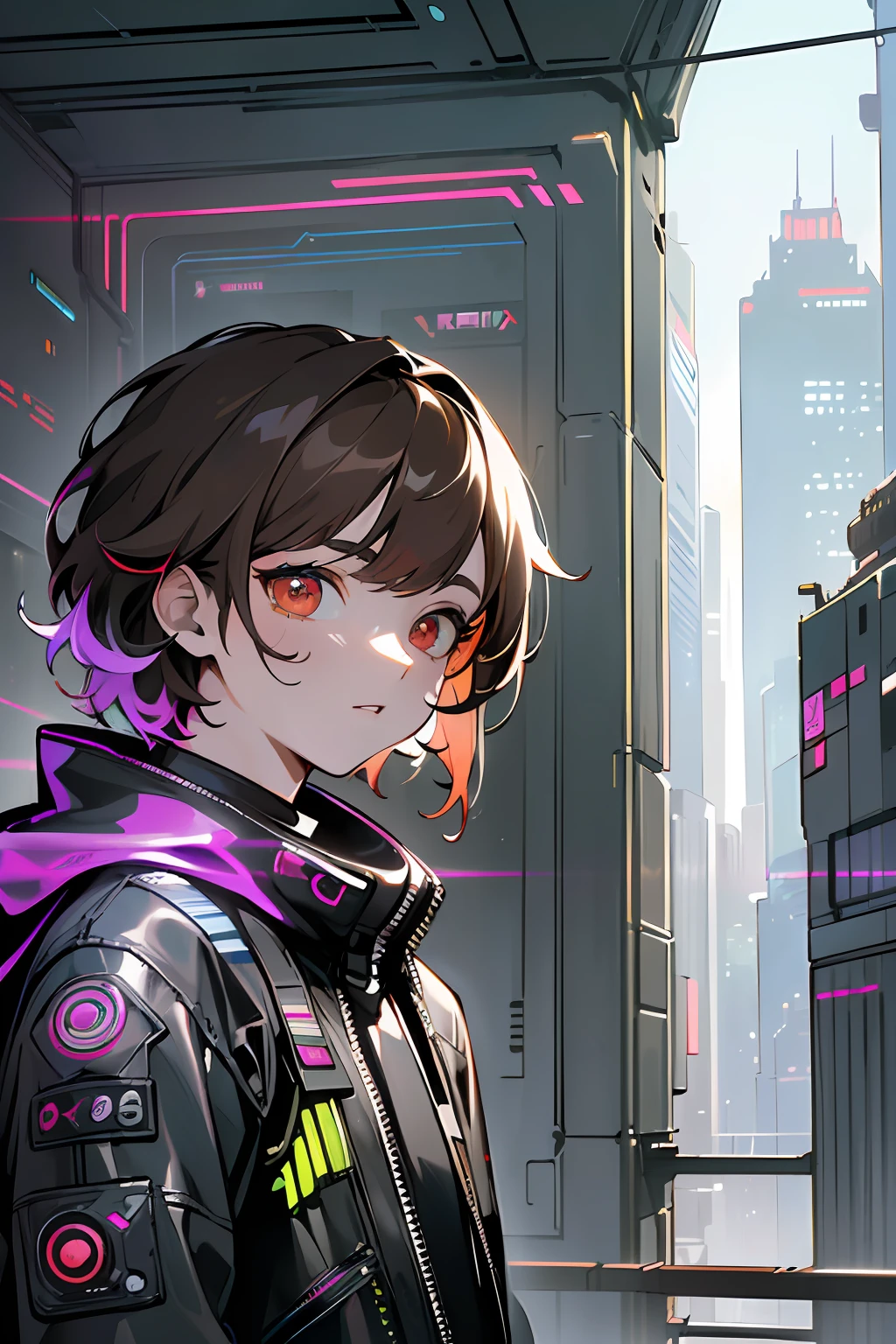 (artwork:1.2), (masterpiece:1.3), (best quality:1.2), (best artist:1.2), (indirect linear lighting:1.3), (best desinger:1.3), (Wlop:1.1), (extremely detailed CG 8k unit wallpaper), (1boy), short brown hair, (multicolored eyes+heterochromatic:1.2), wearing clothes (cyberpunk electronics:1.2), (futuristic city background:1.3)