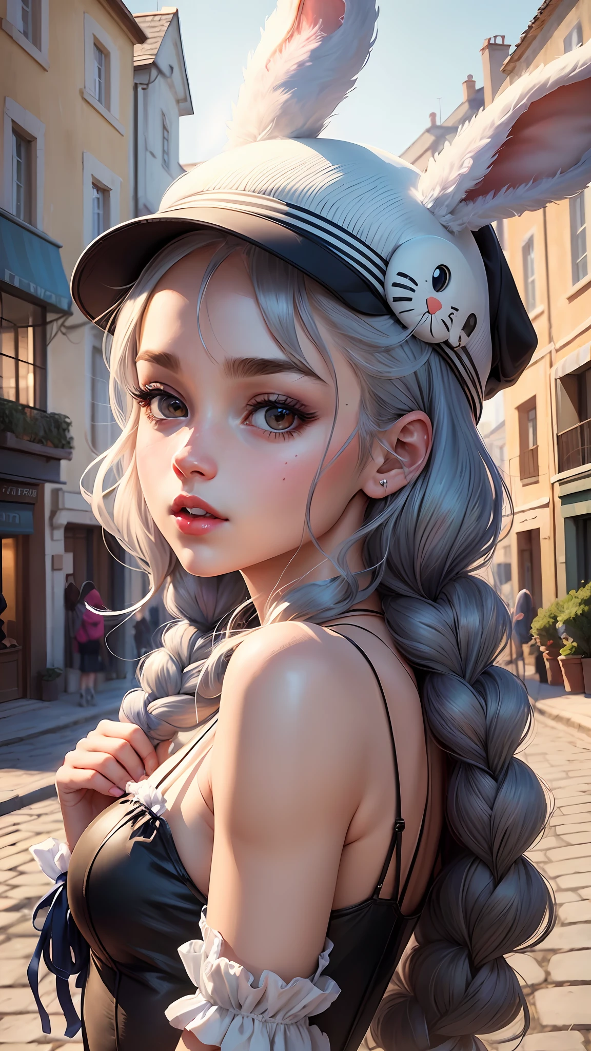 illustration: 10, masterpiece, best quality, Alberobello town, a cute black bunny girl, (solo), panorama, telephoto lens, front, looking at the viewer, furry, cute bunny hat, sweet, shiny skin, braided hair, crystal eyes, perfect facial features, red lips, happy, (masterpiece: 1.4), (best quality: 1.4) full avatar, (seven-doppelganger portrait) ( A little more white space next to it, perfect composition), streetslora:watercolorStylev10:035EasyNegative --auto --s2
