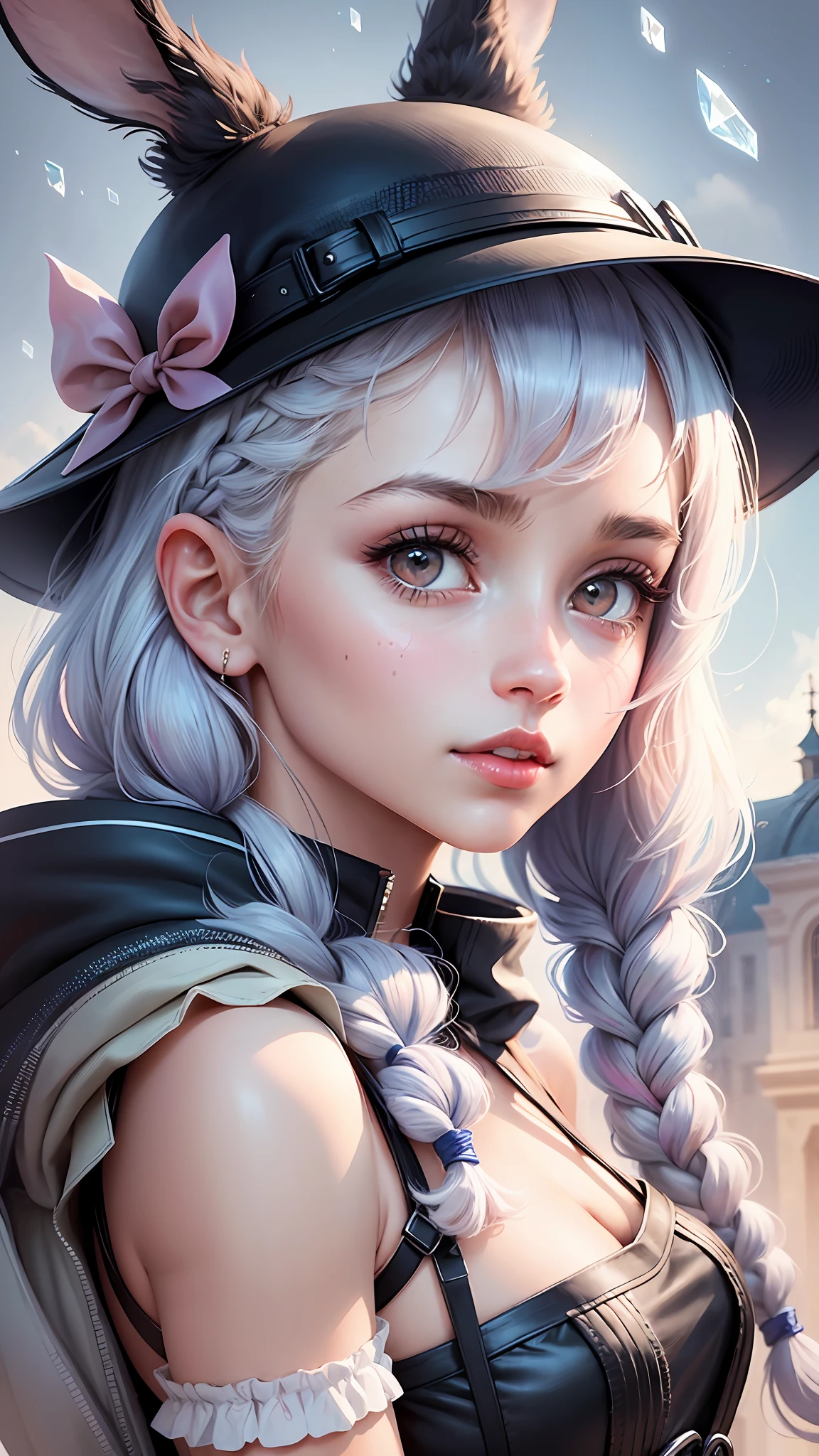 illustration: 10, masterpiece, best quality, Alberobello town, a cute black bunny girl, (solo), panorama, telephoto lens, front, looking at the viewer, furry, cute bunny hat, sweet, shiny skin, braided hair, crystal eyes, perfect facial features, red lips, happy, (masterpiece: 1.4), (best quality: 1.4) full avatar, (seven-doppelganger portrait) ( A little more white space next to it, perfect composition), streetslora:watercolorStylev10:035EasyNegative --auto --s2