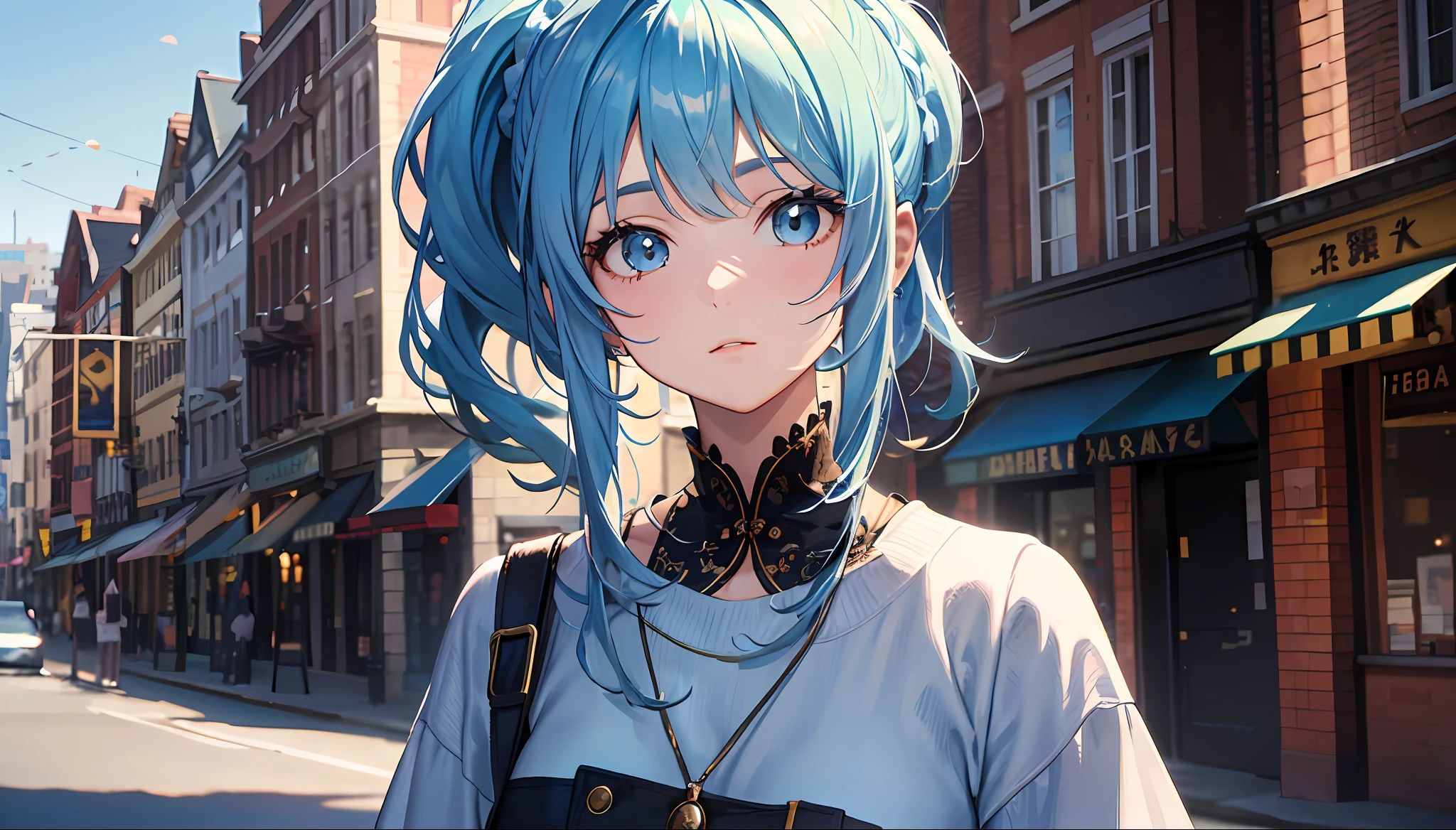 masterpiece), (best quality), (ultra detailed),(shaggy hair),(illustration), (1girl), (fashionable clothes), standing, model, looking at the viewer, (interview), (simple background), beautiful detailed eyes, beautiful and delicate face, floating, (high saturation), (colorful splashes), (bright), focus on face, ponytail, kamisato ayaka, light blue hair, bangs, hair ring, floating hair, (bright), better lighting, better shadow, cozy landscape