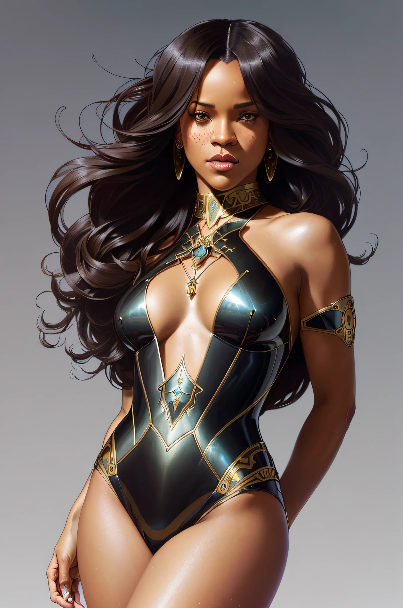 Rihanna's full body portrait of a beautiful woman, open legs crouched, ((perfect female face)), (+wavy long colored hair), (shiny freckles), glitter, wearing a dress, intricate, 8k, highly detailed, volumetric lighting, digital painting, intense, sharp, focus, concept art of character design, (dark skin, evil, (regal), monarch, athletic body, , , (neckline overflow: 1.3), , strong legs, ((soaked)), magnificent, elegant, , high fantasy, portrait, face, perfect face details, dark, mid-plane, realistic face, realistic photo, style,, masterpiece, best quality, ((intricate detail)), high resolution, , cinematic lighting, ((((realism))) by Richard Corben, by Miles Aldridge, by John Atkinson Grimshaw, art by Artgerm and Rutkowski and Alphonse Mucha, cgsociety