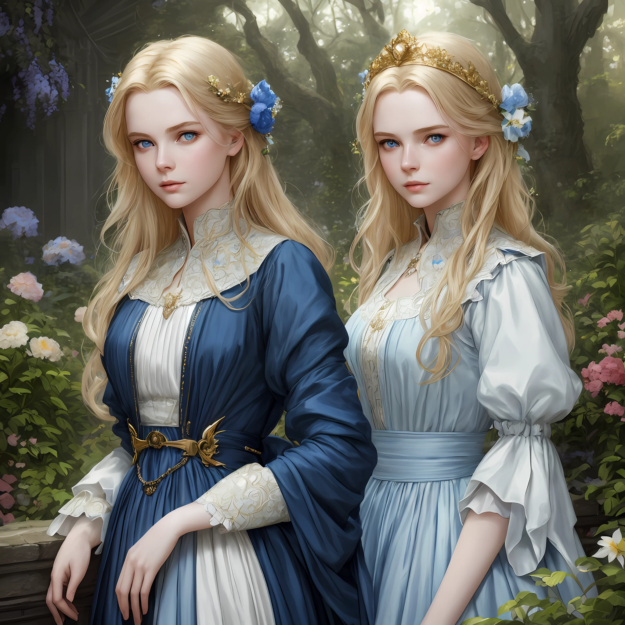 1 girl, grace kelly, blue eyes, pale skin, detailed, beautiful, 16 years old, golden hair, medium, straight and messy hair, detaiiled perfect blue eyes, delicate symmetric realistic and beautiful face, (sunny garden backgroung), medieval lady dress, blue dress, full body, masterpiece, fine detail, rich colors, dramatic lighting, extremely detailed, cinematic lighting hyperdetailed painting, luminism, Bar lighting, complex, 4k resolution concept art portrait by Greg Rutkowski, Artgerm, WLOP, Alphonse Mucha, little fusion pojatti realistic goth: a stunning realistic photograph