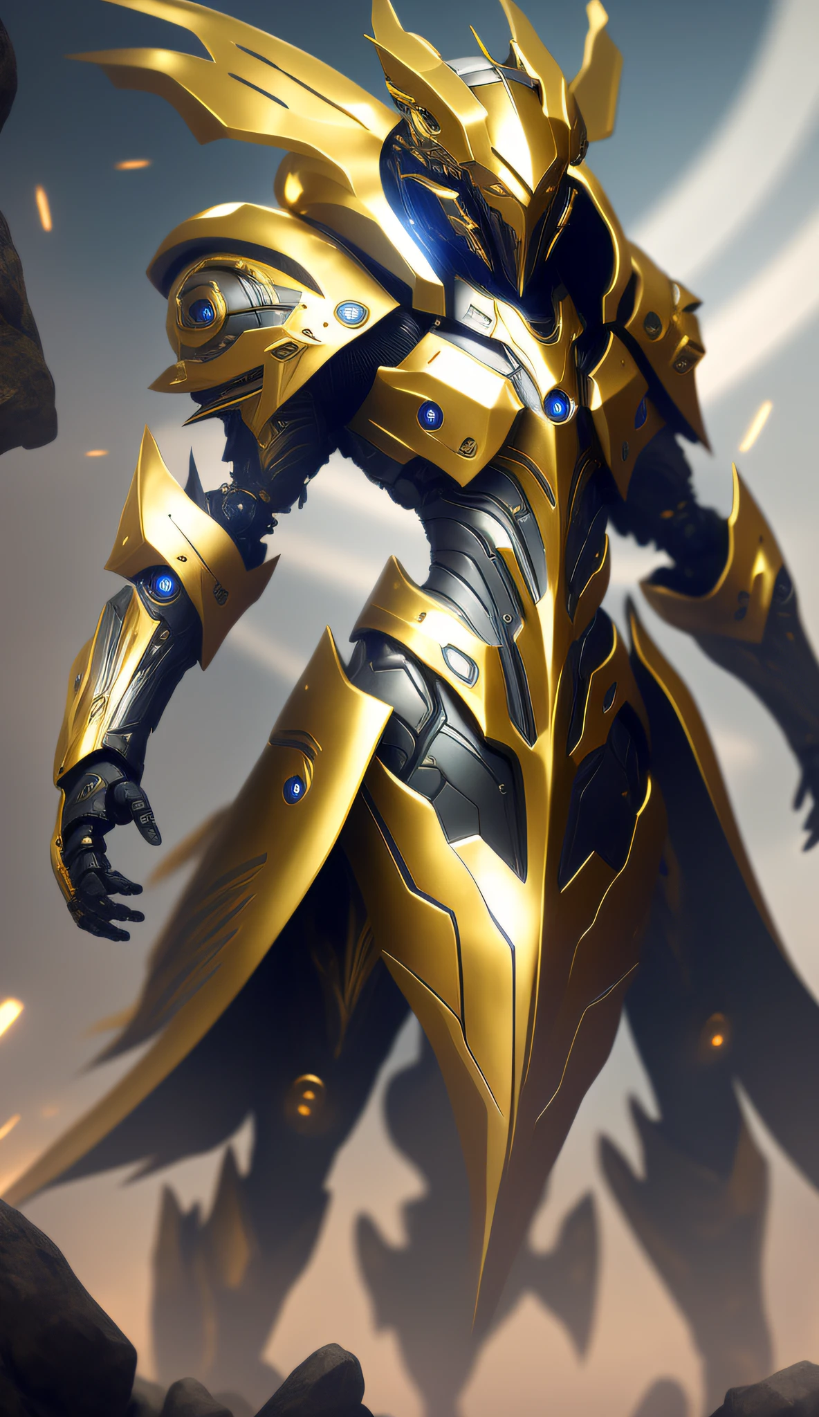 a close up of a robot with a glowing body and a glowing arm, golden armor, gold sci - fi armour, protoss!!, golden armor wearing, protoss, protoss!!!!, gold heavy armor. dramatic, warframe armor, trending on artstation 4k, sleek gold armor, detailed warframe, 4k trending at artstation hq, elegant gold skin