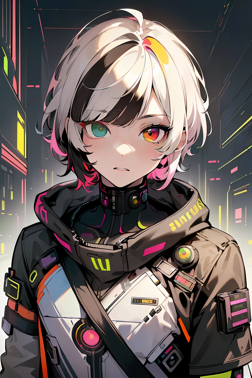 (artwork:1.2), (masterpiece:1.3), (best quality:1.2), (best artist:1.2), (indirect linear lighting:1.3), (best desinger:1.3), (Wlop:1.1), (extremely detailed CG 8k unit wallpaper), (1boy), short brown hair, (multicolored eyes+heterochromia:1.5), wearing clothes (cyberpunk electronics:1.2), (futuristic city background:1.3), highlighting multicolored eyes with heterochromia.