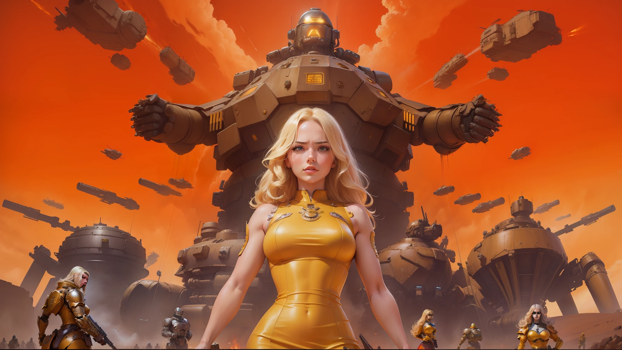 blond woman in yellow dress standing in front of a giant robot, inspired by Stevan Dohanos, movie promotional art, realm of the ovarian machine, brown heavy armor, effective altruism, furious gorgeous woman, official artwork, arcadia, mmo, lurid --auto --s2