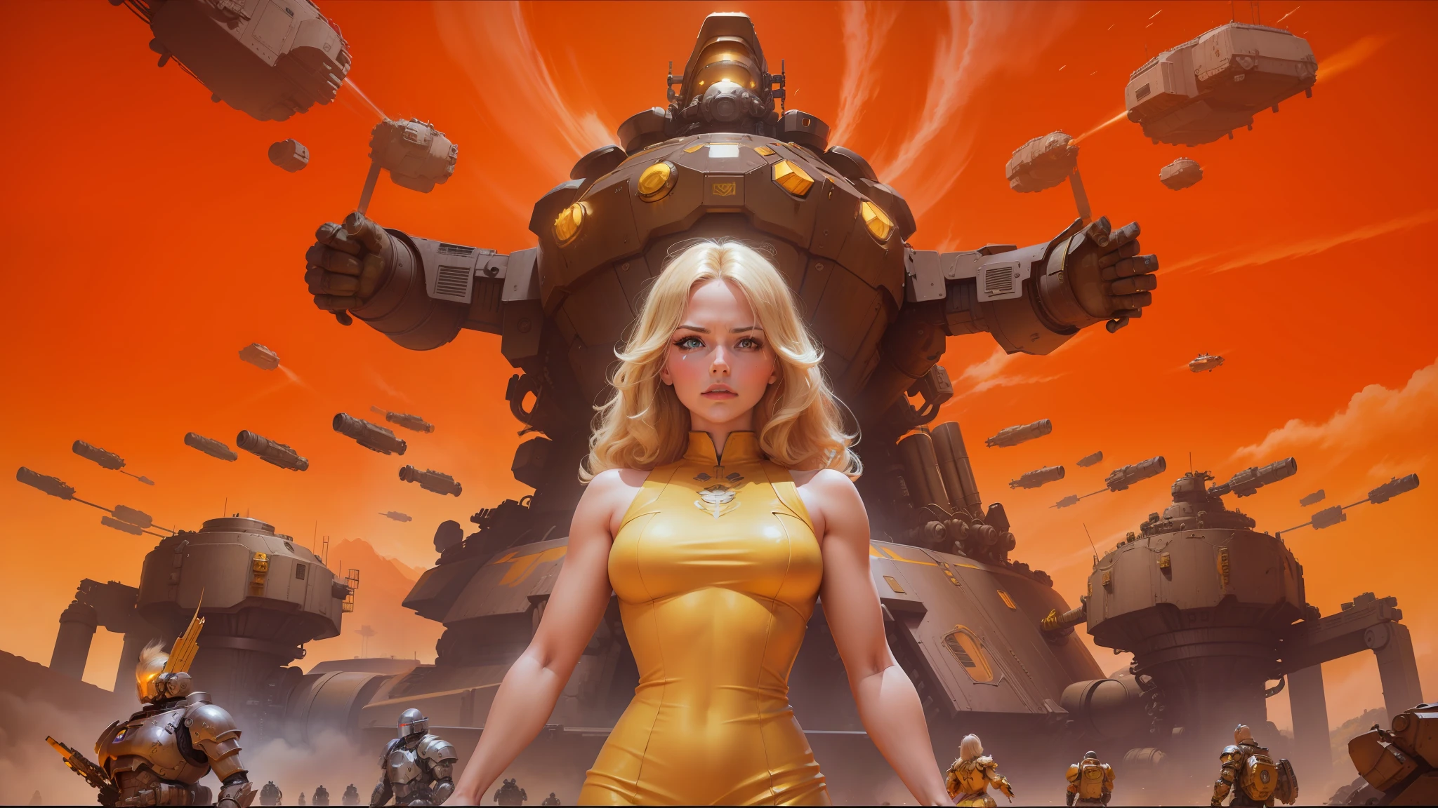 blond woman in yellow dress standing in front of a giant robot, inspired by Stevan Dohanos, movie promotional art, realm of the ovarian machine, brown heavy armor, effective altruism, furious gorgeous woman, official artwork, arcadia, mmo, lurid --auto --s2