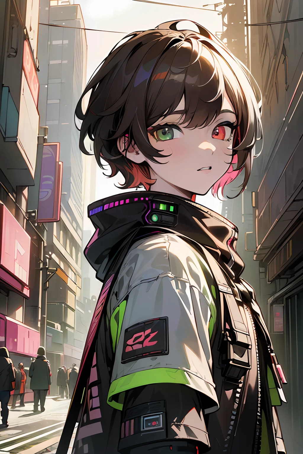 (artwork:1.2), (masterpiece:1.3), (best quality:1.2), (best artist:1.2), (indirect linear lighting:1.3), (best desinger:1.3), (Wlop:1.1), (extremely detailed CG 8k unit wallpaper), (1boy), short brown hair, (multicolored eyes+heterochromia:1.5), wearing clothes (cyberpunk electronics:1.2), (futuristic city background:1.3), highlighting multicolored eyes with heterochromia.