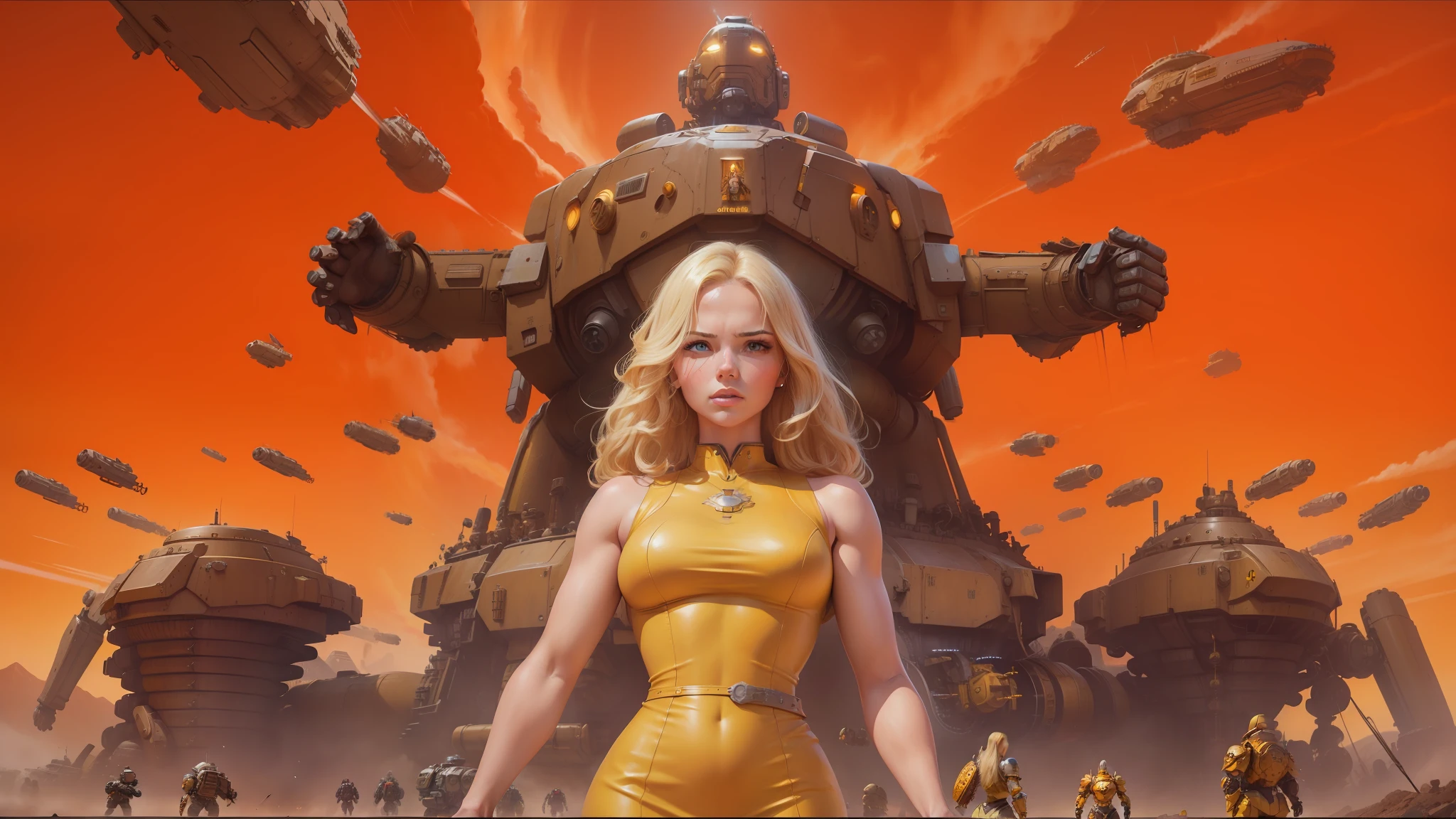 blond woman in yellow dress standing in front of a giant robot, inspired by Stevan Dohanos, movie promotional art, realm of the ovarian machine, brown heavy armor, effective altruism, furious gorgeous woman, official artwork, arcadia, mmo, lurid --auto --s2