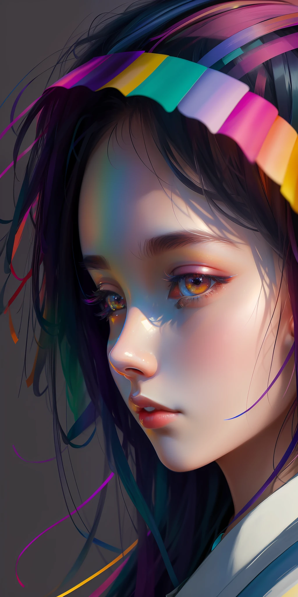 _james jeans, Japanese woman, close-up face, floating female figure made of ribbons, smoke, in the sky, colorful and bright, mystical colors, modern impressionism, portraiture Yanjun Cheng, iridescent painting, 3/4 perspective view, cute face, low angle, wide swirling composition, big beautiful crystal eyes, large iris, UHD, HDR, 8K, (Masterpiece: 1. 5), (the most beautiful portrait in the world:  1,5)