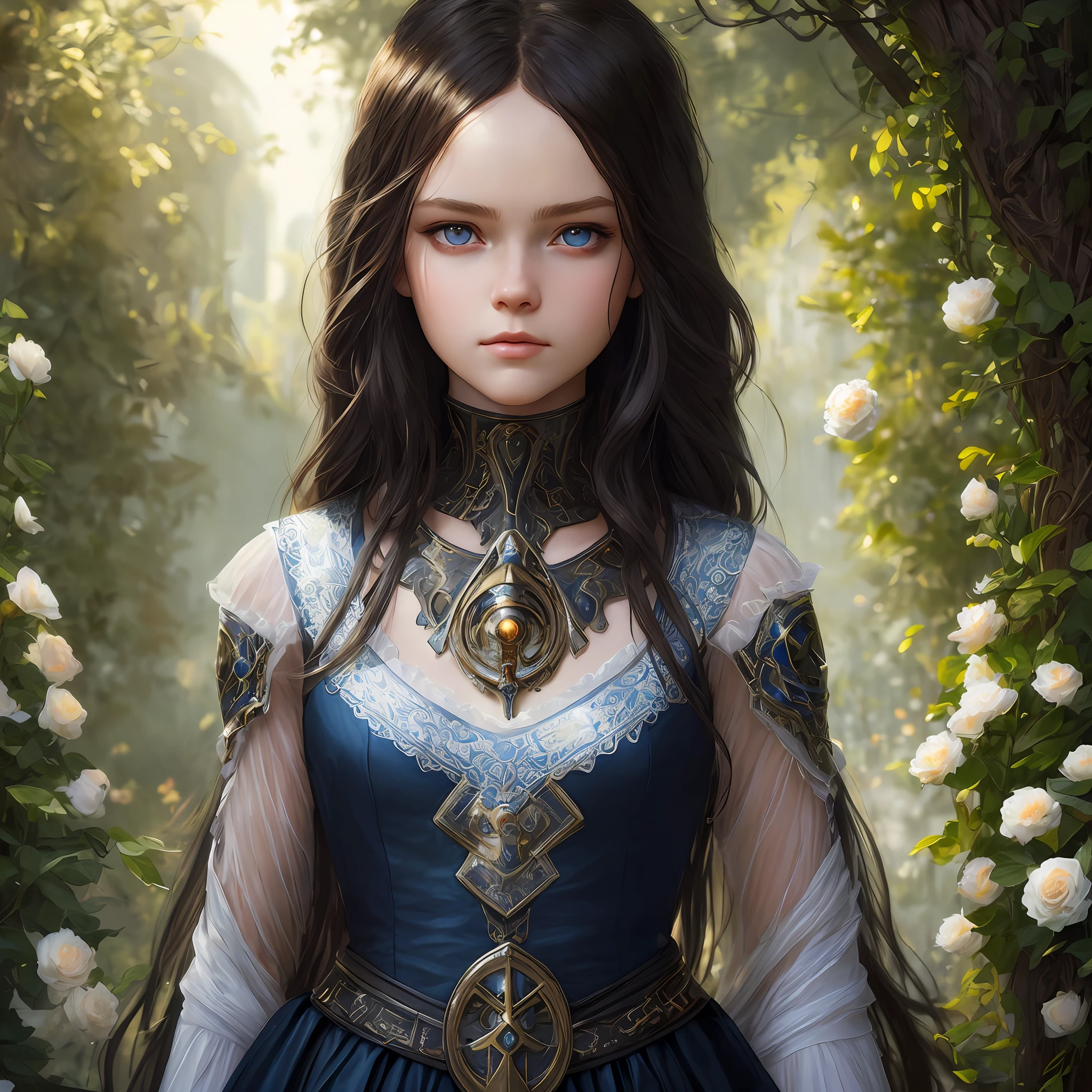 kristina pimenova, blue eyes, pale skin, detailed, beautiful, , black hair, medium, straigh and messy hair, detaiiled perfect eyes, delicate symmetric realistic and beautiful face, (sunny garden backgroung), medieval lady red dress, full body, masterpiece, fine detail, rich colors, dramatic lighting, extremely detailed, cinematic lighting hyperdetailed painting, luminism, Bar lighting, complex, 4k resolution concept art portrait by Greg Rutkowski, Artgerm, WLOP, Alphonse Mucha, little fusion pojatti realistic goth: a stunning realistic photograph