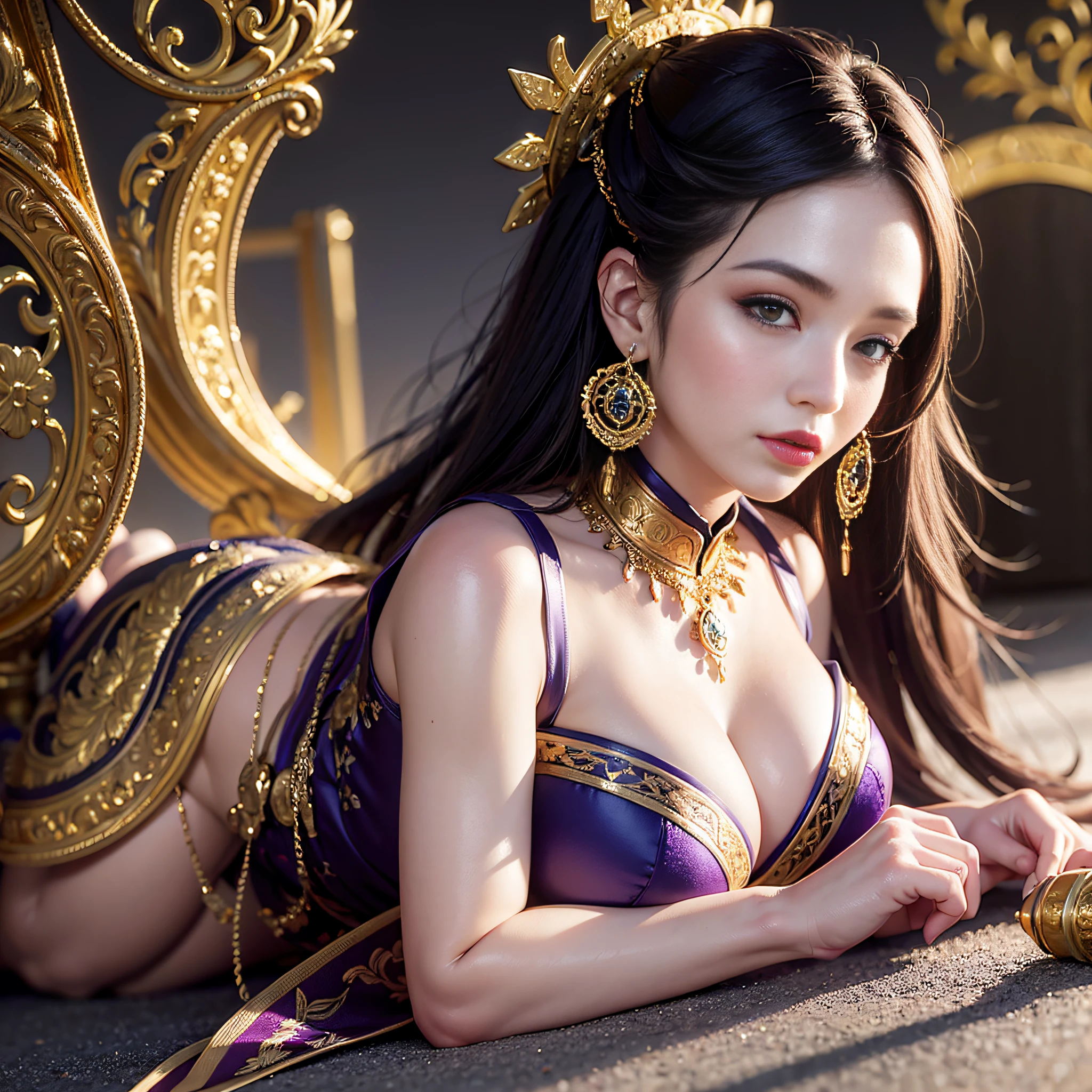 igh quality CGMIX, dunhuang style, undressing, (incredibly ridiculous, super detailed, CG, unified, 8k wallpaper), (reality), (reality), (reality: 1.2), (original photo: 1.2), (best quality: 1.2), (detailed face: 1.4), red lips, makeup, shirt, black knees, high heels, jewelry, earrings, necklace, looking at the viewer, depth of field, looming, gold, purple, gorgeous clothes,