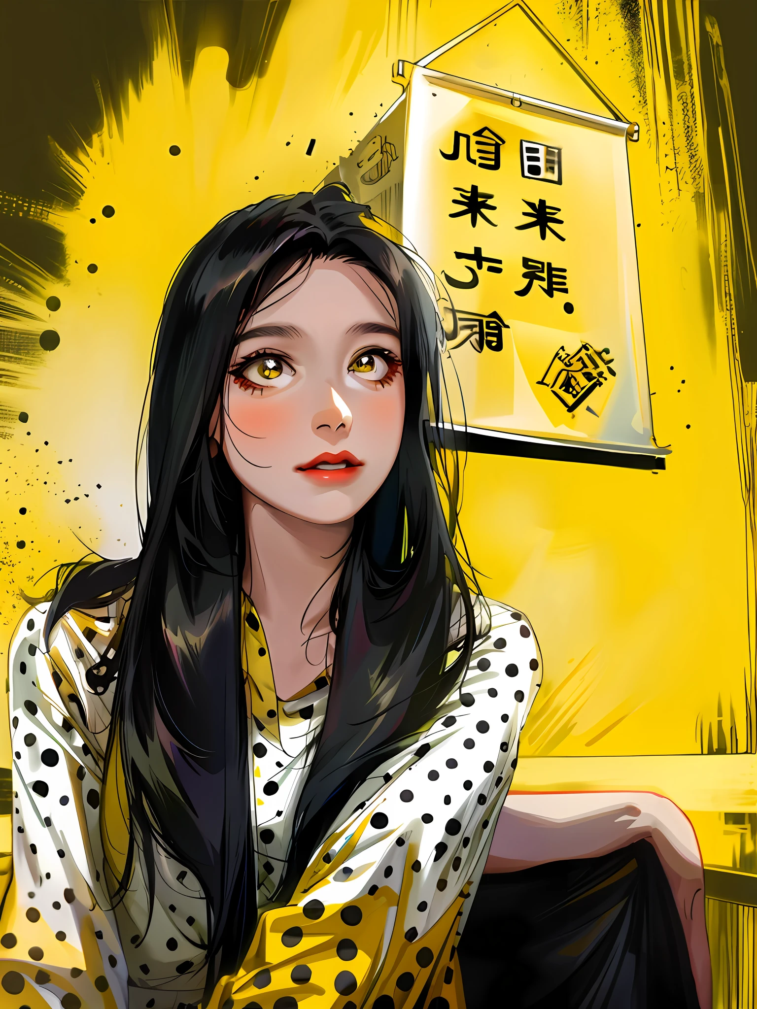 igirl, long black hair, black dot shirt, yellow background