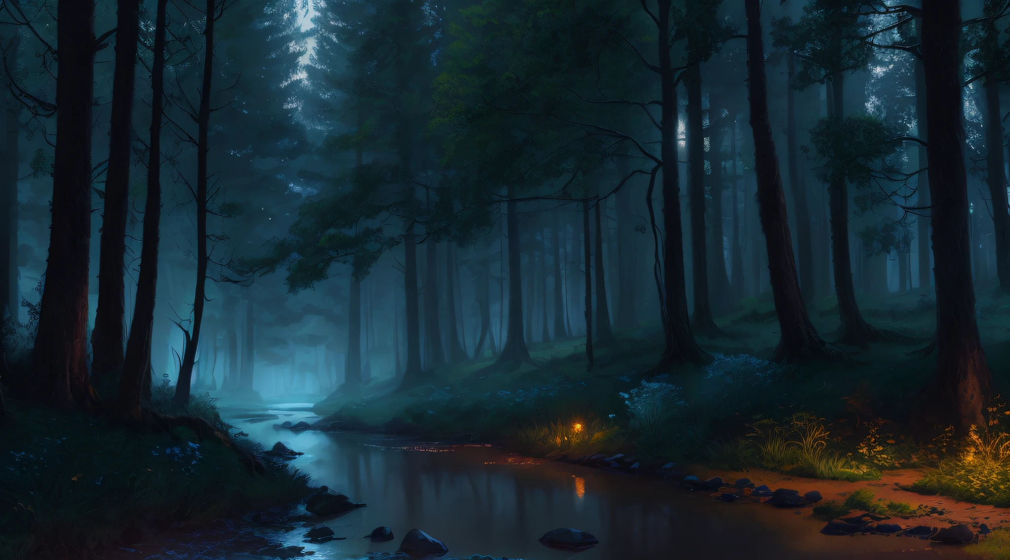 stunning view,professional high quality digital painting of a picturesque nature of a
picturesque forest edge,thicket in
spring at night moonlit, foggy weather,
dramatic lighting, 8k resolution, detailed, focus, mid range shot
dramatic darkness,environmental art photography
by Jake Guzman