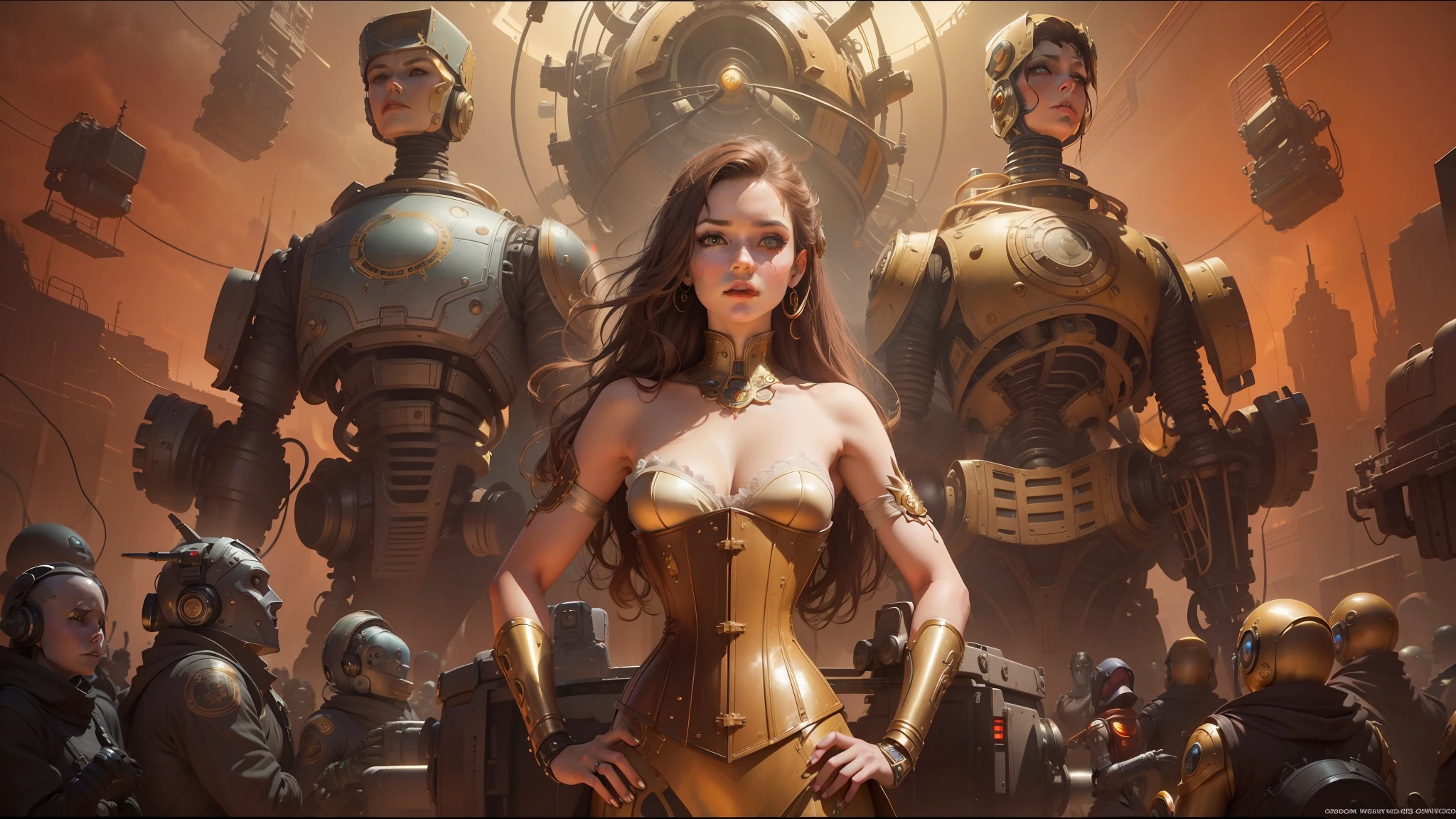there is a woman in a corset standing in front of a group of robots, inspired by ken kelly, breathtaking render, youtube thumbnail, attractive brown hair woman, golden computers, unearthly gears, as an atlantean, frequency indie album cover --auto --s2