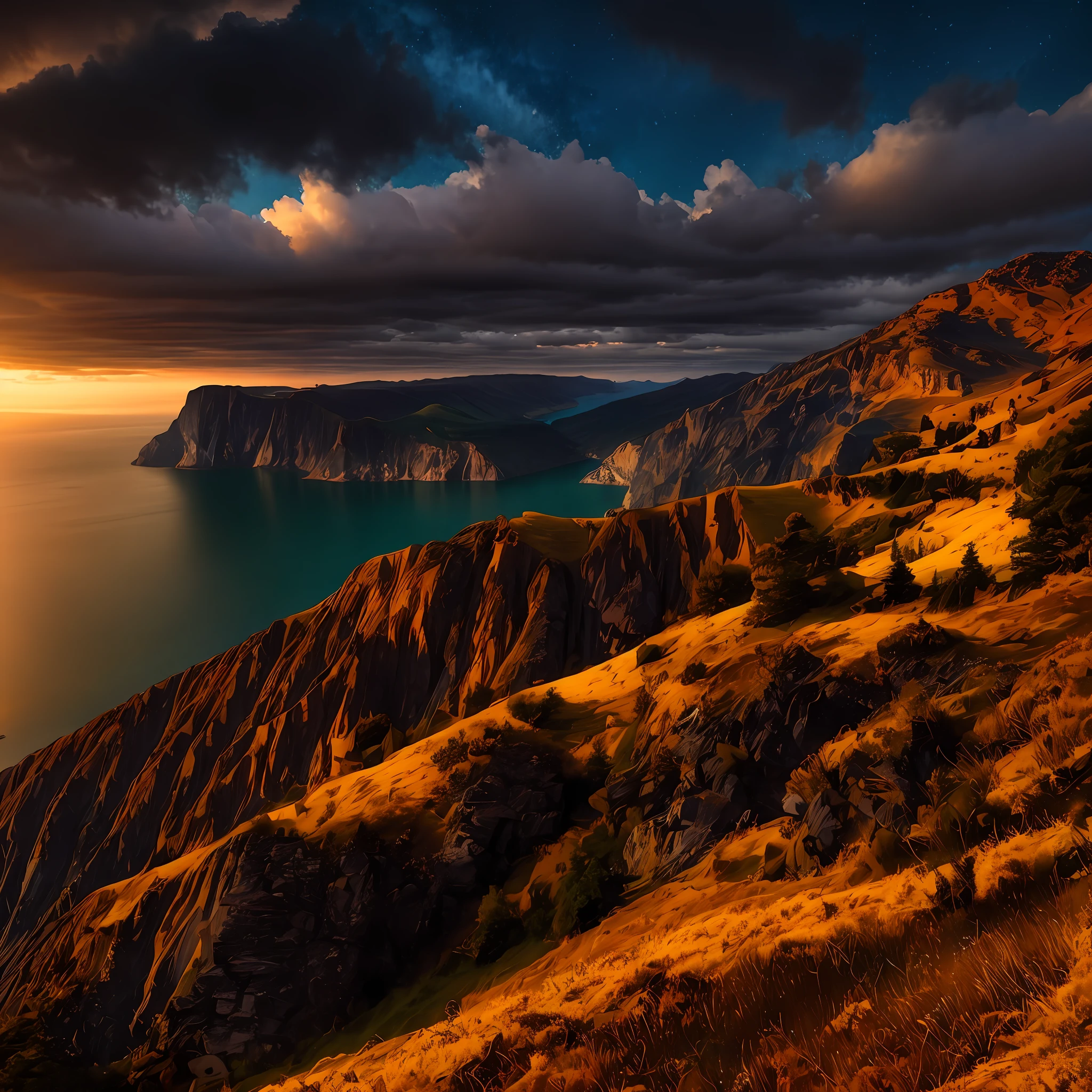 a painting of a landscape with mountains and sea in the background, award - winning 4 k photograph, photorealistic landscape, 8k award-winning photograph, award - winning 4 k photography, marc adamus, 8k fine art photography, award winning landscape photo, by Daren Bader, 8 k award - winning photography, 4k photograph of painting, --auto --s2