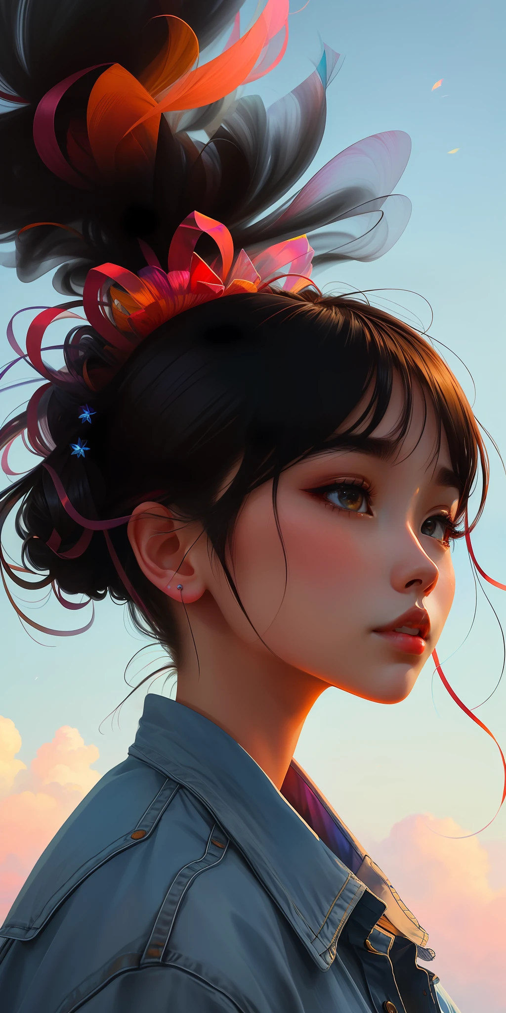 _james jeans, Japanese woman, close-up face, floating female figure made of ribbons, smoke, in the sky, colorful and bright, mystical colors, modern impressionism, portraiture Yanjun Cheng, iridescent painting, 3/4 perspective view, cute face, low angle, wide swirling composition, big beautiful crystal eyes, large iris, UHD, HDR, 8K, (Masterpiece: 1. 5), (the most beautiful portrait in the world:  1,5)