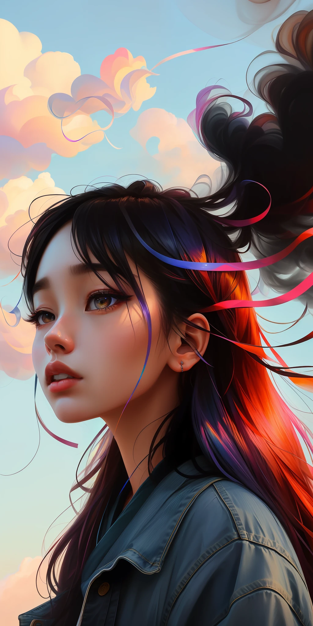 _james jeans, Japanese woman, close-up face, floating female figure made of ribbons, smoke, in the sky, colorful and bright, mystical colors, modern impressionism, portraiture Yanjun Cheng, iridescent painting, 3/4 perspective view, cute face, low angle, wide swirling composition, big beautiful crystal eyes, large iris, UHD, HDR, 8K, (Masterpiece: 1. 5), (the most beautiful portrait in the world:  1,5)