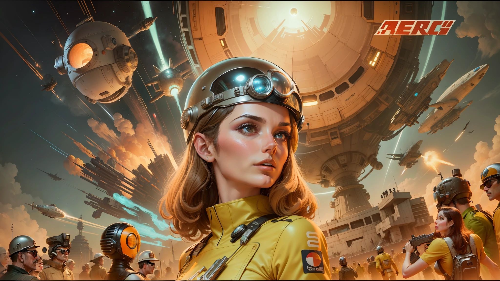 arafed image of a woman in a helmet and a bunch of people, retro sci - fi art, youtube thumbnail, simona sbaffi is the captain, cgsociety masterpiece, nuclear attack, inspired by Clyde Caldwell, 1960s cartoon, hypermaximalist, juan gimenez, man from uncle --auto --s2