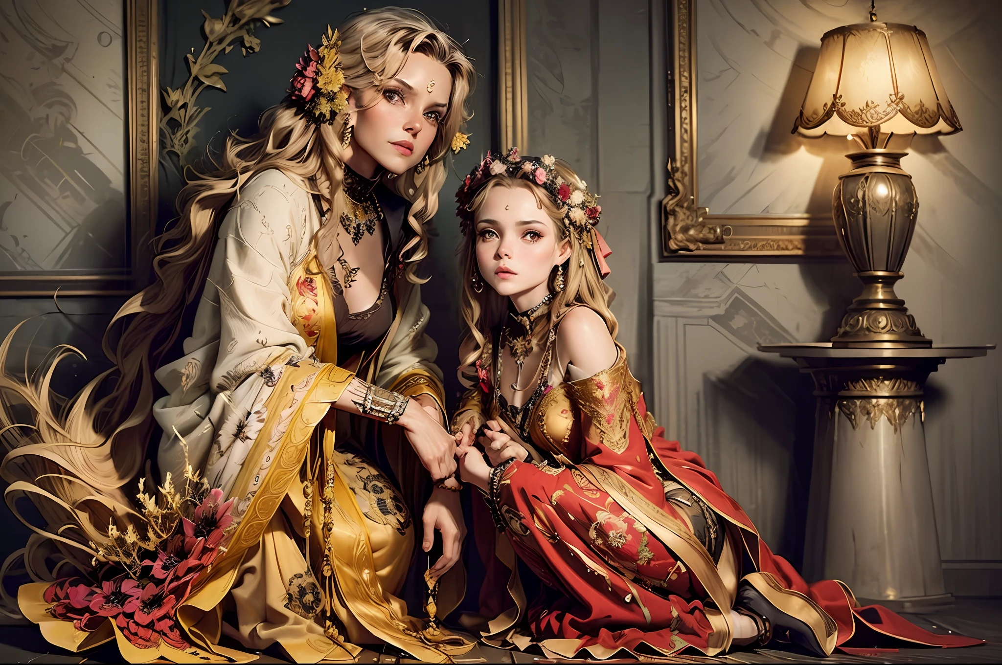 Masterpiece, Best Quality, (Very Detailed CG Unity 8k Wallpaper), (Best Quality), (Best Illustration), (Best Shadows), Absurd, Realistic Lighting, (Abyss), Beautiful Detailed Glow, Peter Mohr Beighter's art, masterpiece, best quality, (very detailed CG unified 8k wallpaper), (best quality), (best illustration), (best shadow), ultra-detailed, "They are an ancient couple, | The boy is tall, broad shoulders and strong arms, his face is well-defined, handsome, and his eyes are deep and clear. He wore a wide robe with exquisite embroidery on it, a pair of loose pants underneath, and a pair of leather boots under his feet, and the whole person looked calm and restrained. | The girl has a graceful figure, smart and beautiful, and her big eyes and long black hair make her look extremely charming. She wore a bright red robe with exquisite embroidery and gold thread, the hem of the dress fluttered in the wind, and a pair of red embroidered shoes at the corner of the skirt made her look beautiful and cute. They came to a lotus pond, and the lotus flowers glowed faintly golden in the moonlight, which was very beautiful. "Digital Art, trending artstation, 4K, high detail, cinematic lighting, intricate, high detail, sharp-focused, dramatic, realistic --auto --s2