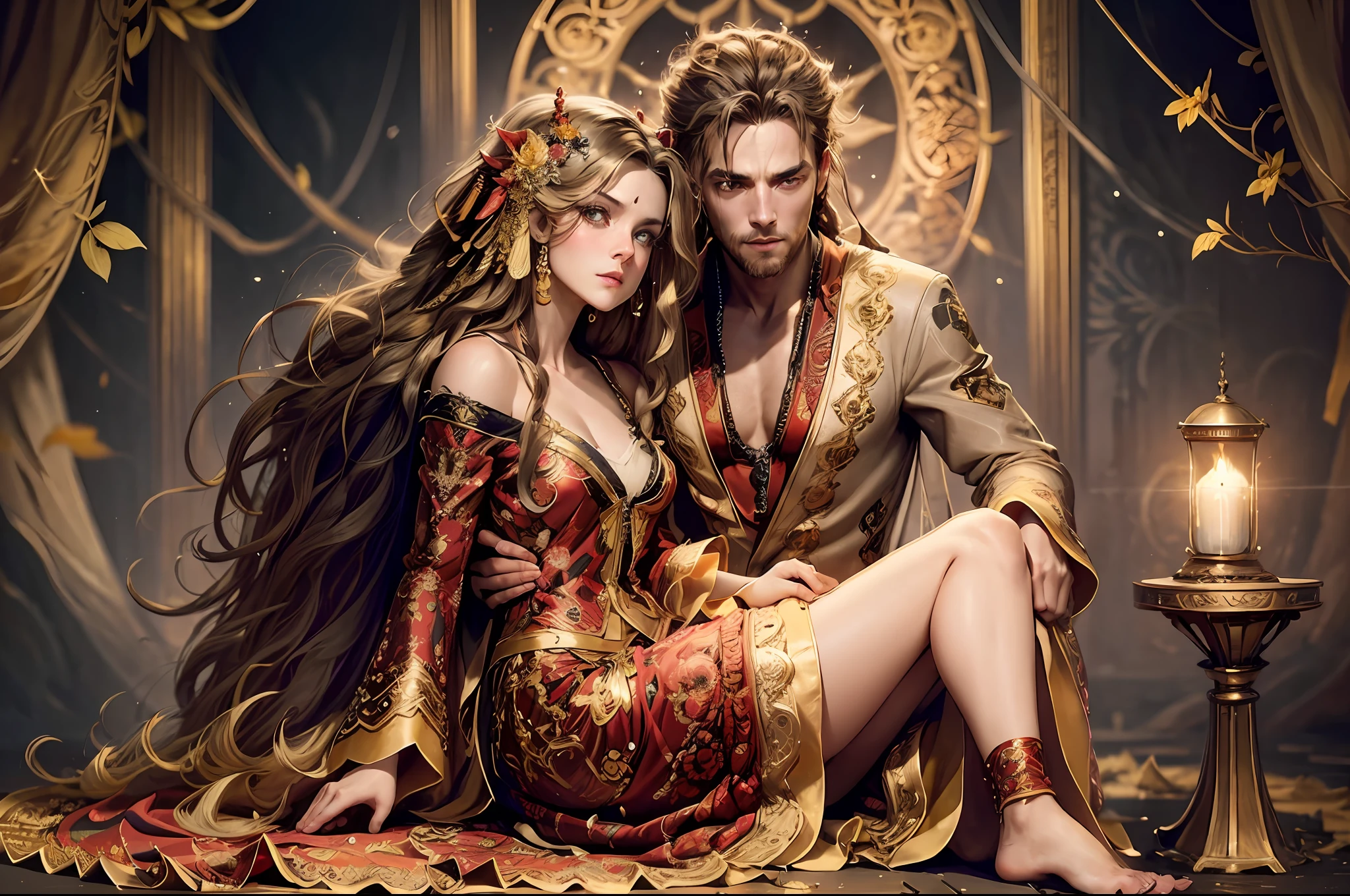 Masterpiece, Best Quality, (Very Detailed CG Unity 8k Wallpaper), (Best Quality), (Best Illustration), (Best Shadows), Absurd, Realistic Lighting, (Abyss), Beautiful Detailed Glow, Peter Mohr Beighter's art, masterpiece, best quality, (very detailed CG unified 8k wallpaper), (best quality), (best illustration), (best shadow), ultra-detailed, "They are an ancient couple, | The boy is tall, broad shoulders and strong arms, his face is well-defined, handsome, and his eyes are deep and clear. He wore a wide robe with exquisite embroidery on it, a pair of loose pants underneath, and a pair of leather boots under his feet, and the whole person looked calm and restrained. | The girl has a graceful figure, smart and beautiful, and her big eyes and long black hair make her look extremely charming. She wore a bright red robe with exquisite embroidery and gold thread, the hem of the dress fluttered in the wind, and a pair of red embroidered shoes at the corner of the skirt made her look beautiful and cute. They came to a lotus pond, and the lotus flowers glowed faintly golden in the moonlight, which was very beautiful. "Digital Art, trending artstation, 4K, high detail, cinematic lighting, intricate, high detail, sharp-focused, dramatic, realistic --auto --s2