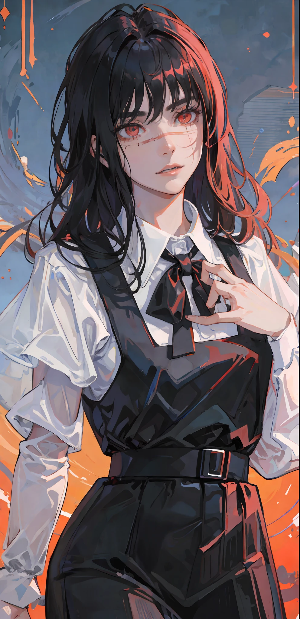 ((masterpiece, best quality)), (1girl), (solo), (female focus), yoru \(chainsaw man\),(very detailed face, real image, realistic white skin, realistic body, intricate details)psycho face, psycho eyes, serious, black hair, long hair, intimidating look, pinafore dress, buttoned shirt, neck ribbon, small breasts, knife, blood, moon, night, sky, clouds