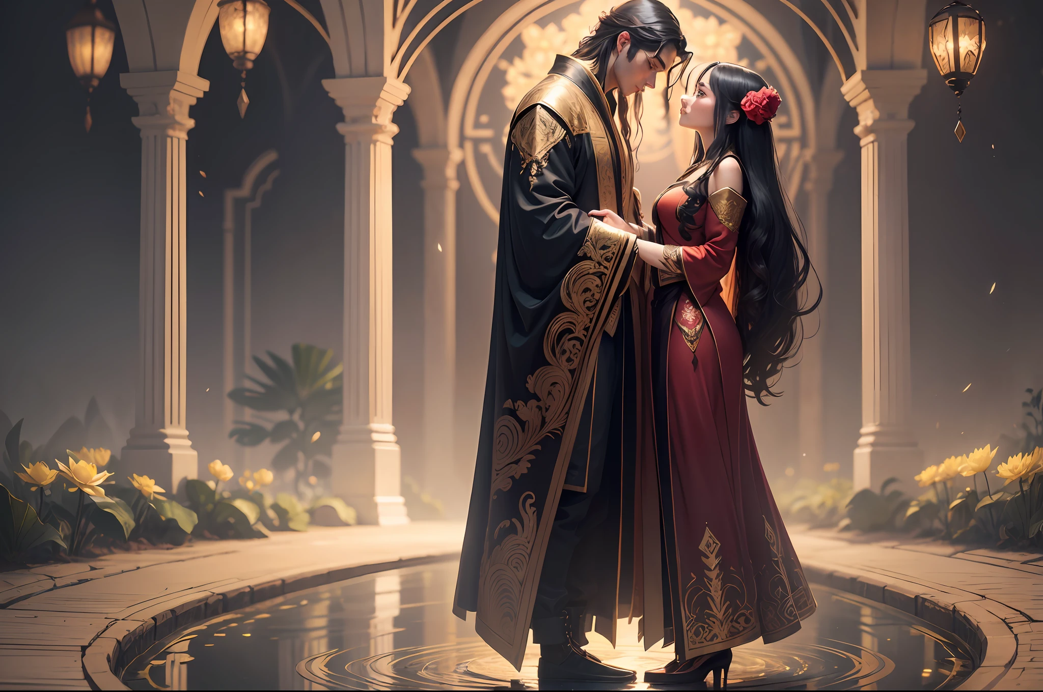 Masterpiece, Best Quality, (Very Detailed CG Unity 8k Wallpaper), (Best Quality), (Best Illustration), (Best Shadows), Absurd, Realistic Lighting, (Abyss), Beautiful Detailed Glow, Peter Mohr Beighter's art, masterpiece, best quality, (very detailed CG unified 8k wallpaper), (best quality), (best illustration), (best shadow), ultra-detailed, "They are an ancient couple, | The boy is tall, broad shoulders and strong arms, his face is well-defined, handsome, and his eyes are deep and clear. He wore a wide robe with exquisite embroidery on it, a pair of loose pants underneath, and a pair of leather boots under his feet, and the whole person looked calm and restrained. | The girl has a graceful figure, smart and beautiful, and her big eyes and long black hair make her look extremely charming. She wore a bright red robe with exquisite embroidery and gold thread, the hem of the dress fluttered in the wind, and a pair of red embroidered shoes at the corner of the skirt made her look beautiful and cute. They came to a lotus pond, and the lotus flowers glowed faintly golden in the moonlight, which was very beautiful. "Digital Art, trending artstation, 4K, high detail, cinematic lighting, intricate, high detail, sharp-focused, dramatic, realistic --auto --s2