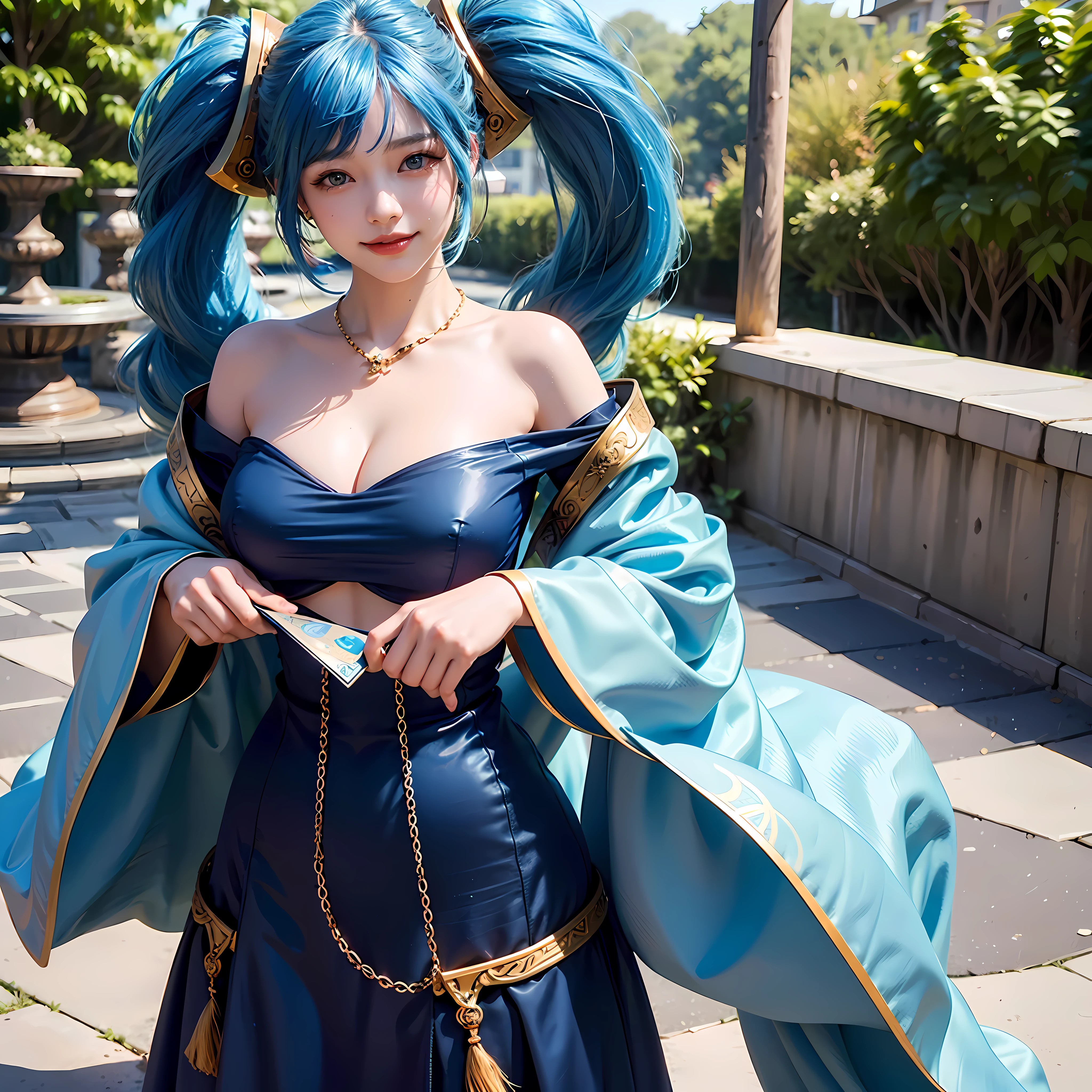 unparalleled masterpiece, ultra realistic 8k CG, perfect artwork, ((perfect female figure)), (((1girl))), (((solo girl))), (ulzzang-6500:1), kpop idol, best quality, (looking at viewer:2),game cg,\nblurry background,outdoors,((( large breast,upper body,smile))) Sona \\(league of legends\\), blue hair, blue eyes, gradient hair, collarbone, twintails, hair ornament, long hair, blue dress, breasts, close-up, portrait,hair ornament,necklace, jewelry,gold trim on clothes,Beautiful face,