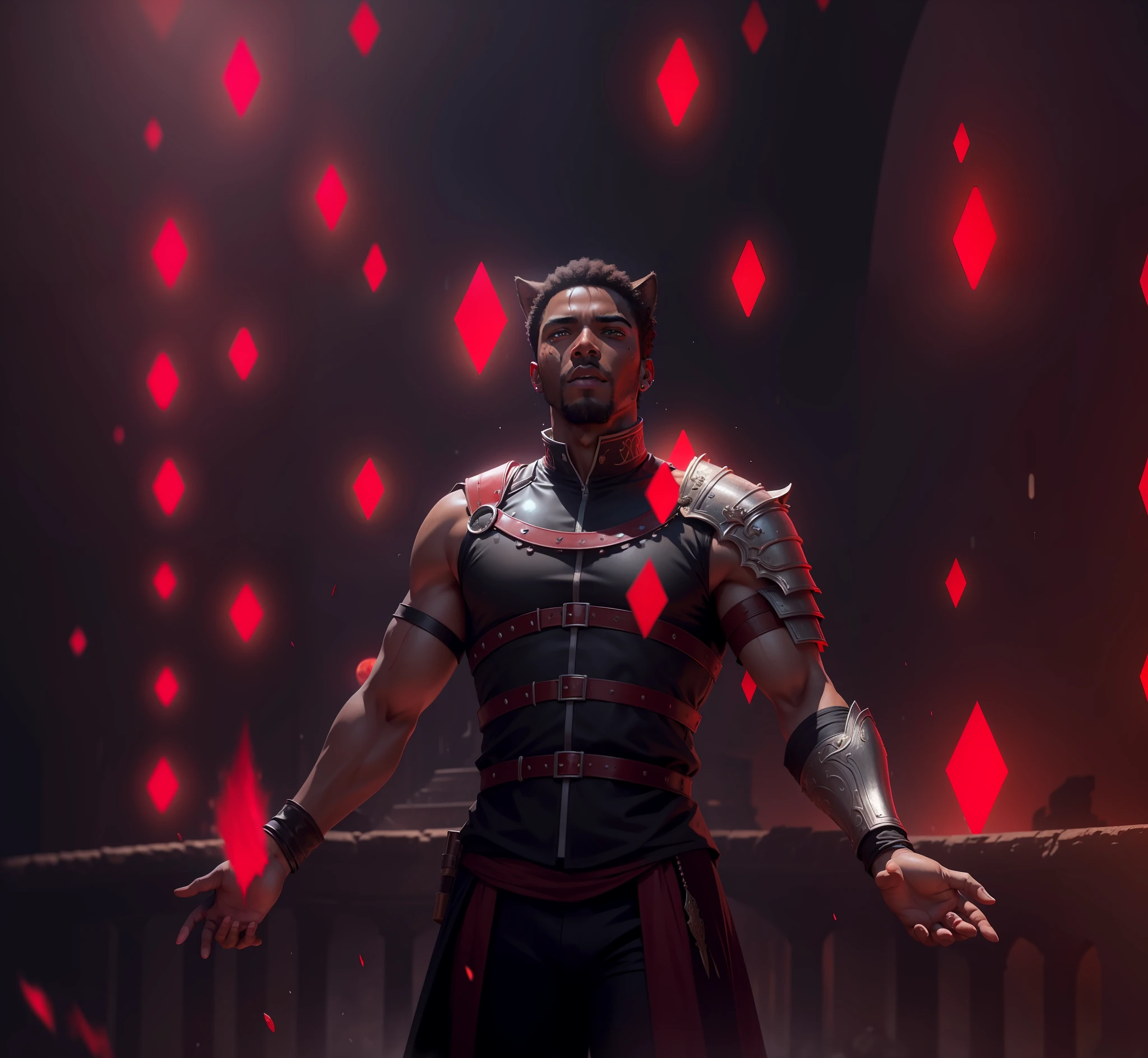(make this image realistic), realistic, ultra HD, 8k, (background with detailed red moon), black man with wolf ears, (background droplets falling blood droplets into the air), (background with a coliseum), war, battles, victory, glory, superb, concert hands, open hands,