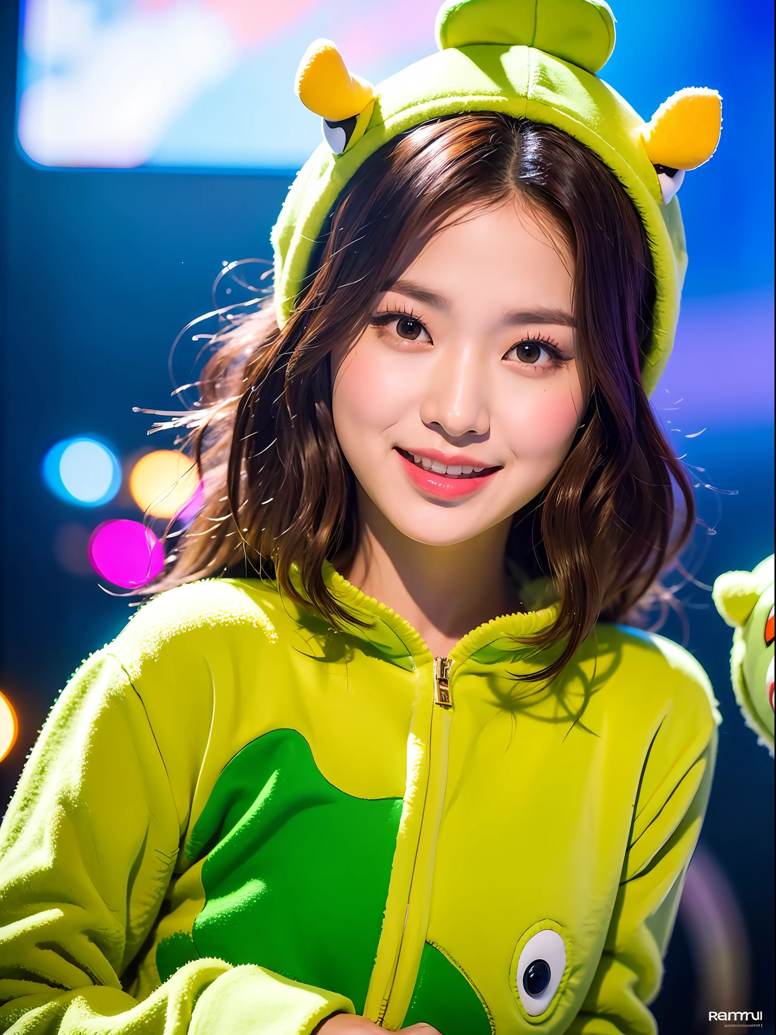 beautiful female k-pop idol wearing a cute dinosaur costume, her face is visible:: close up portait, shot on sony a1, 85mm F/1. 4 ISO 100, medium format, 45 megapixel, studio lighting, softbox, high shutter speed flash photography, award winning photograph with golden ratio composition