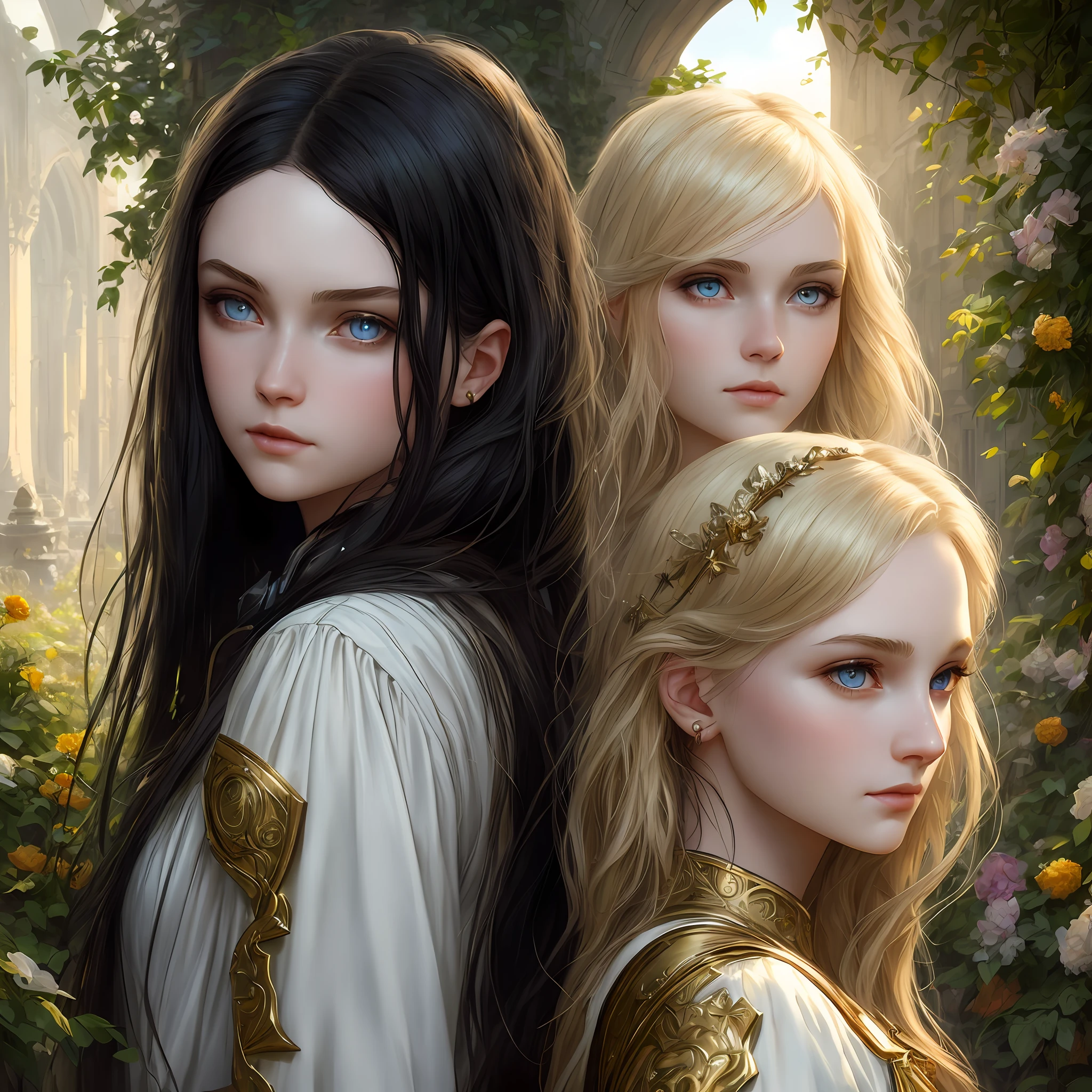 Ava Marie and Leah Rose, blue eyes, pale skin, detailed, beautiful, 16 years old, 1 black hair, 1 blond golden hair, medium, straigh and messy hair, detaiiled perfect eyes, delicate symmetric realistic and beautiful face, (sunny garden backgroung), medieval golden lady dress, full body, masterpiece, fine detail, rich colors, dramatic lighting, extremely detailed, cinematic lighting hyperdetailed painting, luminism, Bar lighting, complex, 4k resolution concept art portrait by Greg Rutkowski, Artgerm, WLOP, Alphonse Mucha, little fusion pojatti realistic goth: a stunning realistic photograph