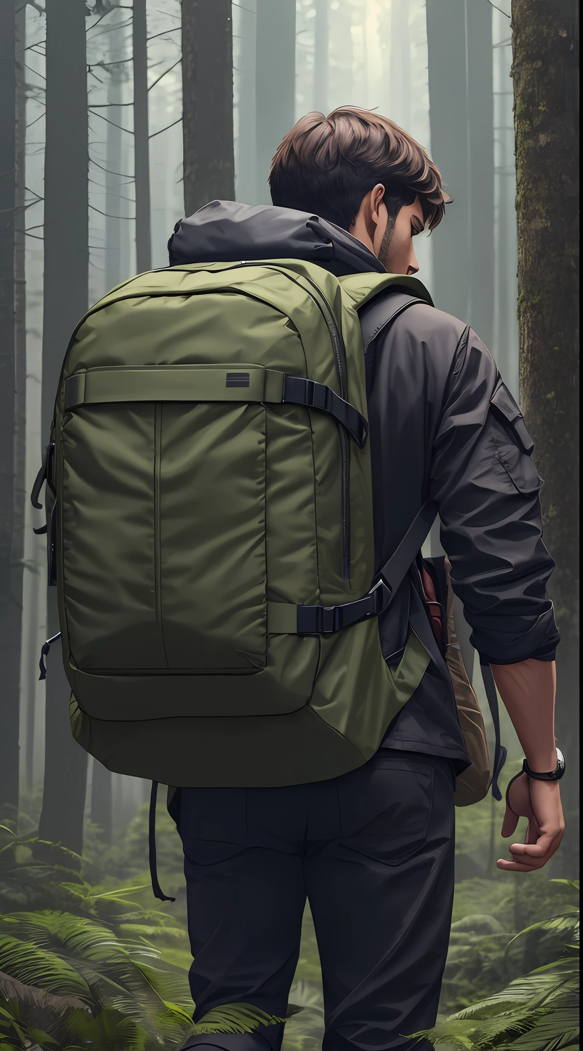 ung man walking on a trail, dense forest, wearing a torn clothes with a large backpack and a canteen in the sync, UHD, super detailed, back view, precarious environment, ((survival)), 4k