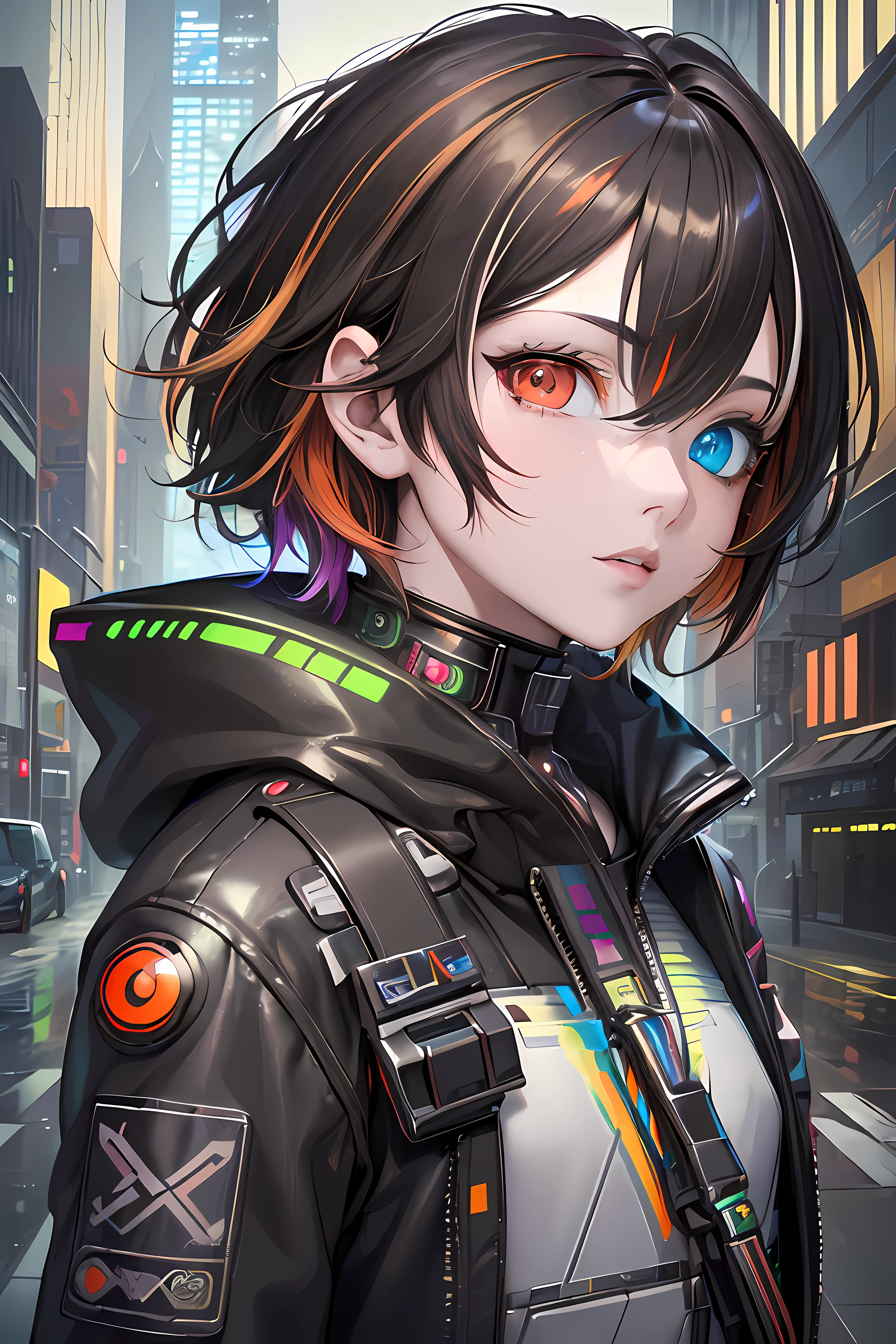 (artwork:1.2), (masterpiece:1.3), (best quality:1.2), (best artist:1.2), (indirect linear lighting:1.3), (best desinger:1.3), (Wlop:1.1), (extremely detailed CG 8k unit wallpaper), (1boy), short brown hair, (multicolored eyes+heterochromia:1.5), wearing clothes (cyberpunk electronics:1.2), (futuristic city background:1.3), highlighting multicolored eyes with heterochromia.