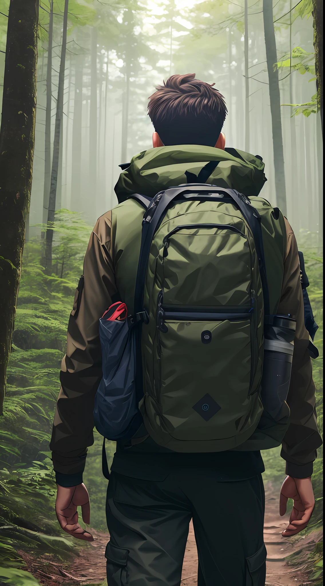 1 young man walking on a trail, dense forest, wearing a torn clothes with a large backpack and a canteen in the sync, UHD, super detailed, back view, precarious environment, ((survival)), 4k