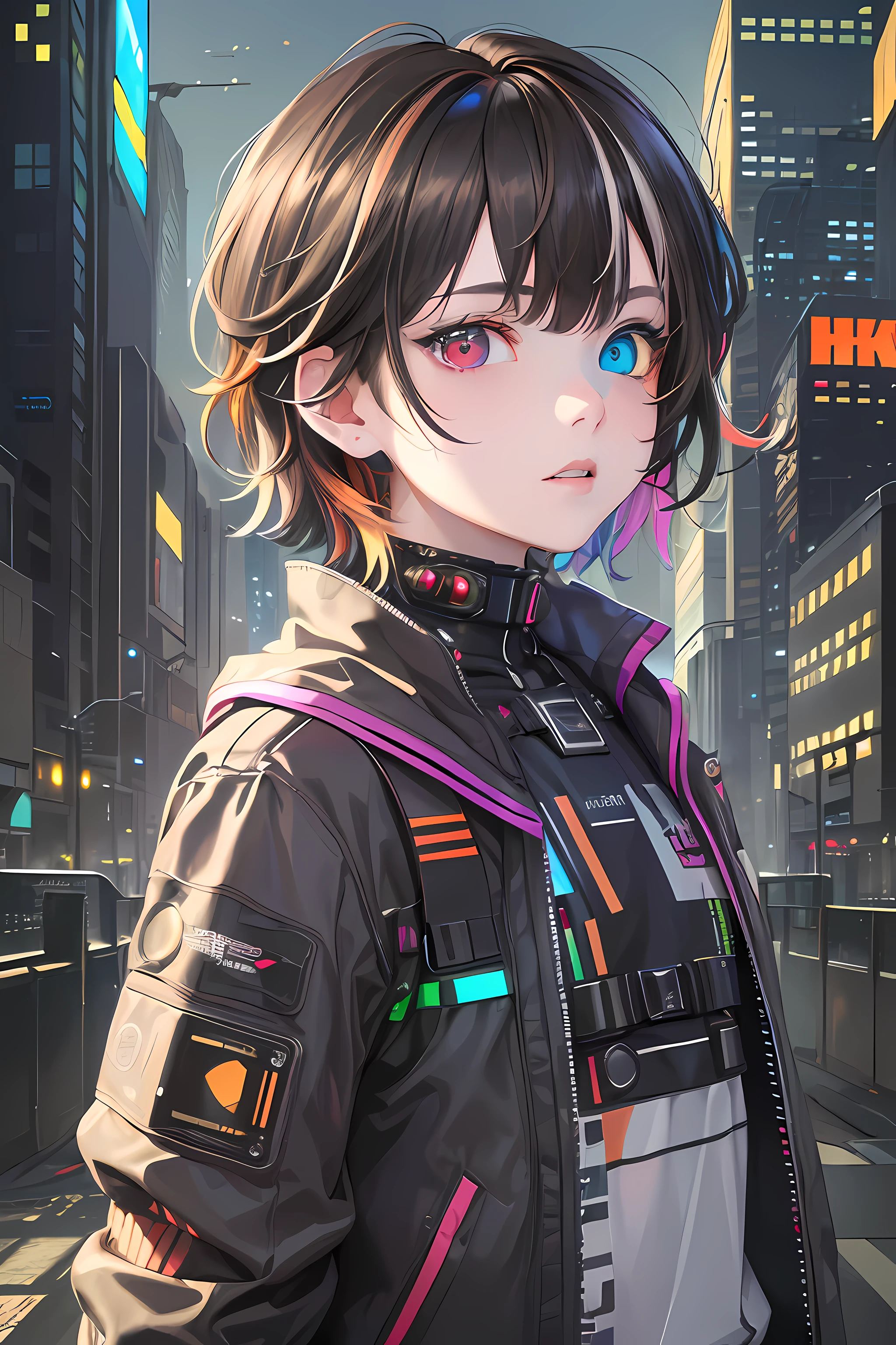 (artwork:1.2), (masterpiece:1.3), (best quality:1.2), (best artist:1.2), (indirect linear lighting:1.3), (best desinger:1.3), (Wlop:1.1), (extremely detailed CG 8k unit wallpaper), (1boy), short brown hair, (multicolored eyes+heterochromia:1.5), wearing clothes (cyberpunk electronics:1.2), (futuristic city background:1.3), highlighting multicolored eyes with heterochromia.