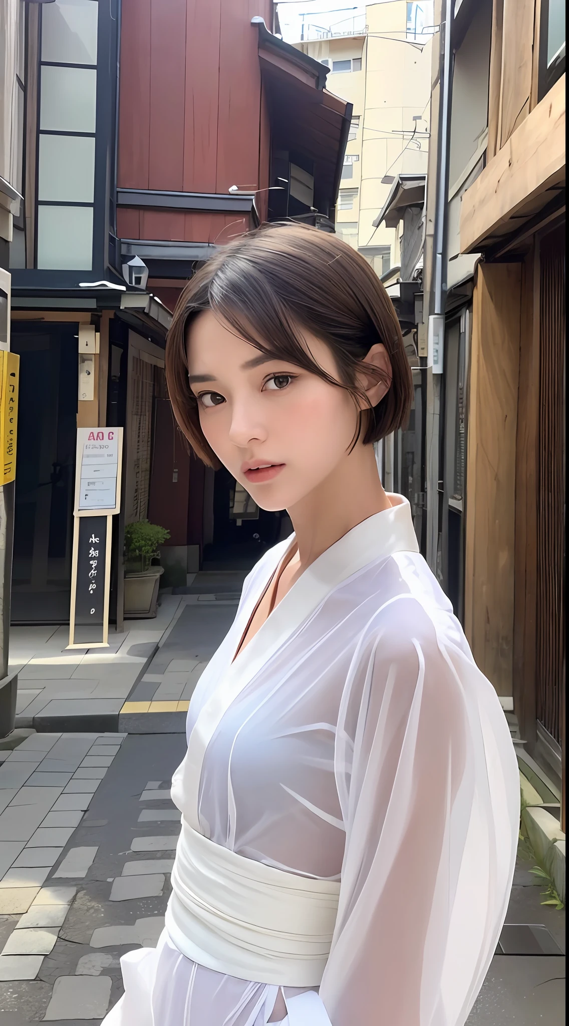 (Top Quality, 16k, Masterpiece: 1.3)), 1 Girl, Sharp Focus: 1.2, Beautiful Women with Perfect Figure: 1.4, Slender Abs: 1.2, (((Short Bob Hair)), ((Small: 1.4)), ((Beautiful Face Model: 1.3)), ((White Kimono of Transparent Fabric: 1.5)), Highly Detailed Face and Skin Texture, Detailed Eyes, Double Eyelids, (((Pause)), (Seductive)), Walking, Kyoto Streetscape