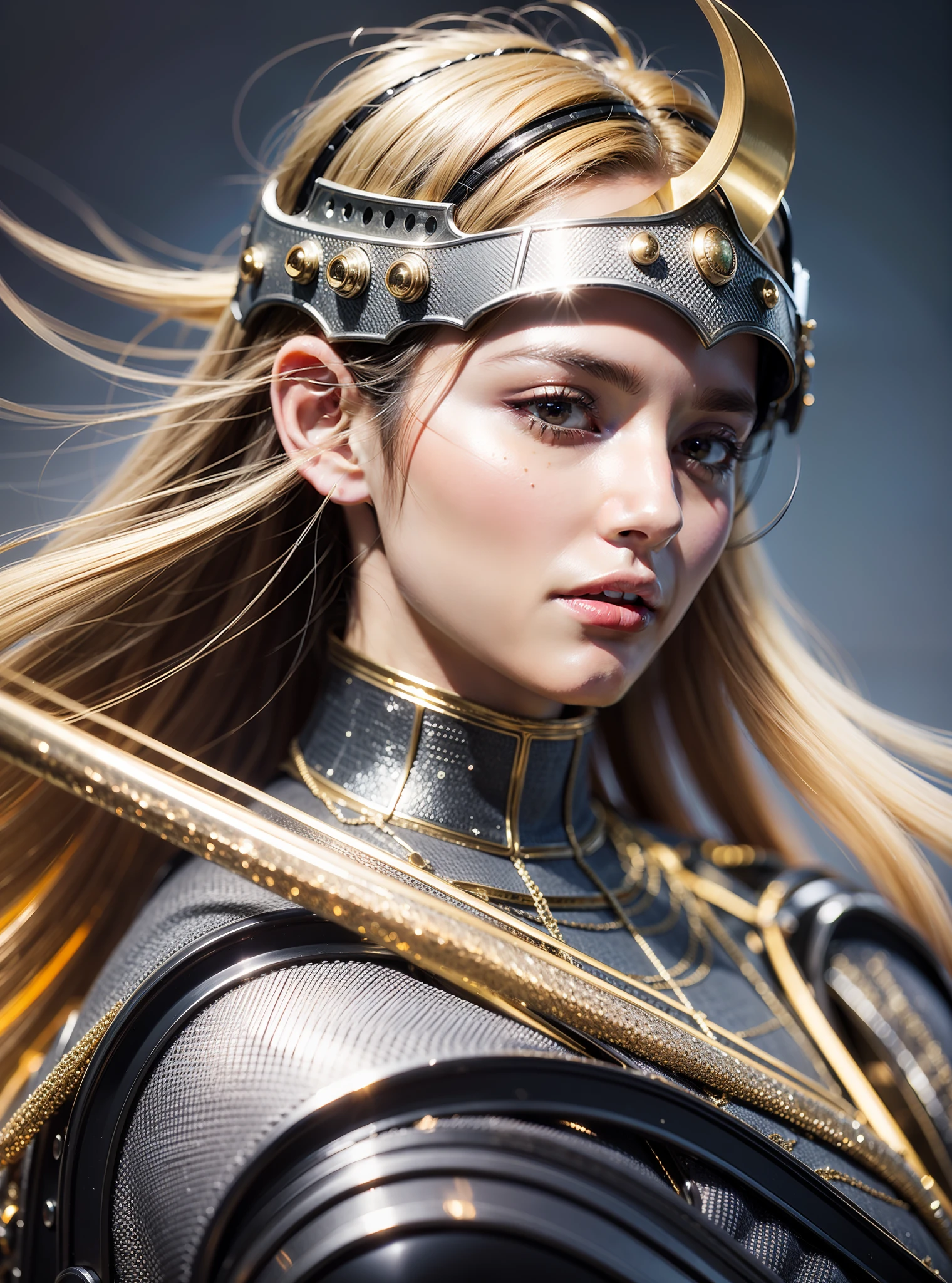 Illustration, woman, cinematic light, highest quality, ultra detailed realism, detailed face, detailed eyes, best quality, hyper detailed, masterpiece, On the battlefield, a woman in heavy and detailed armor, She is dressed in a heavy armor that glitters in the sunlight, every detail meticulously worked. Every piece of your armor is made to protect and display your strength. A steel crown adorns his head, showing his position of leadership, His eyes, fixed with an unwavering determination, shine through the openings of the visor, conveying a formidable intensity, An imposing breastplate embraces his torso, made of intertwined metal plates The glow of the armor reflects, His shoulders are protected by solid, ornate shoulder pads, which extend to the muscular arms covered by chainmail, war environment, realistic horses, sunlights, chaotic fields, smokes, light environment, celestial yellow orange tones
