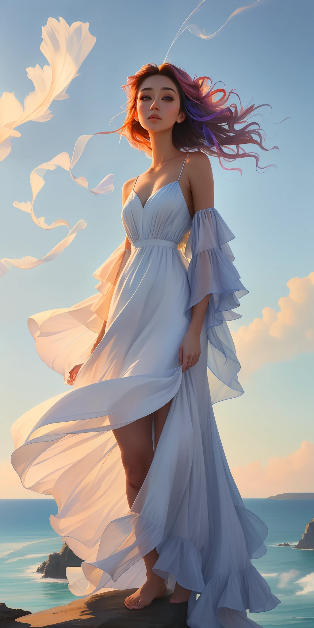 _james jeans, long luxurious dress, standing on a rock, against the blue sea, bright sun, wind blowing hair, one shoulder naked, soaring female figure made of ribbons, smoke, in the sky, colorful and bright, mystical colors, modern impressionism, portraiture by Yanjun Cheng, iridescent painting, 3/4 perspective view, cute face, low angle, wide swirling composition, big beautiful crystal eyes, large iris, UHD, HDR, 8K, (Masterpiece: 1. 5), (Most beautiful portrait in the world: 1.5)