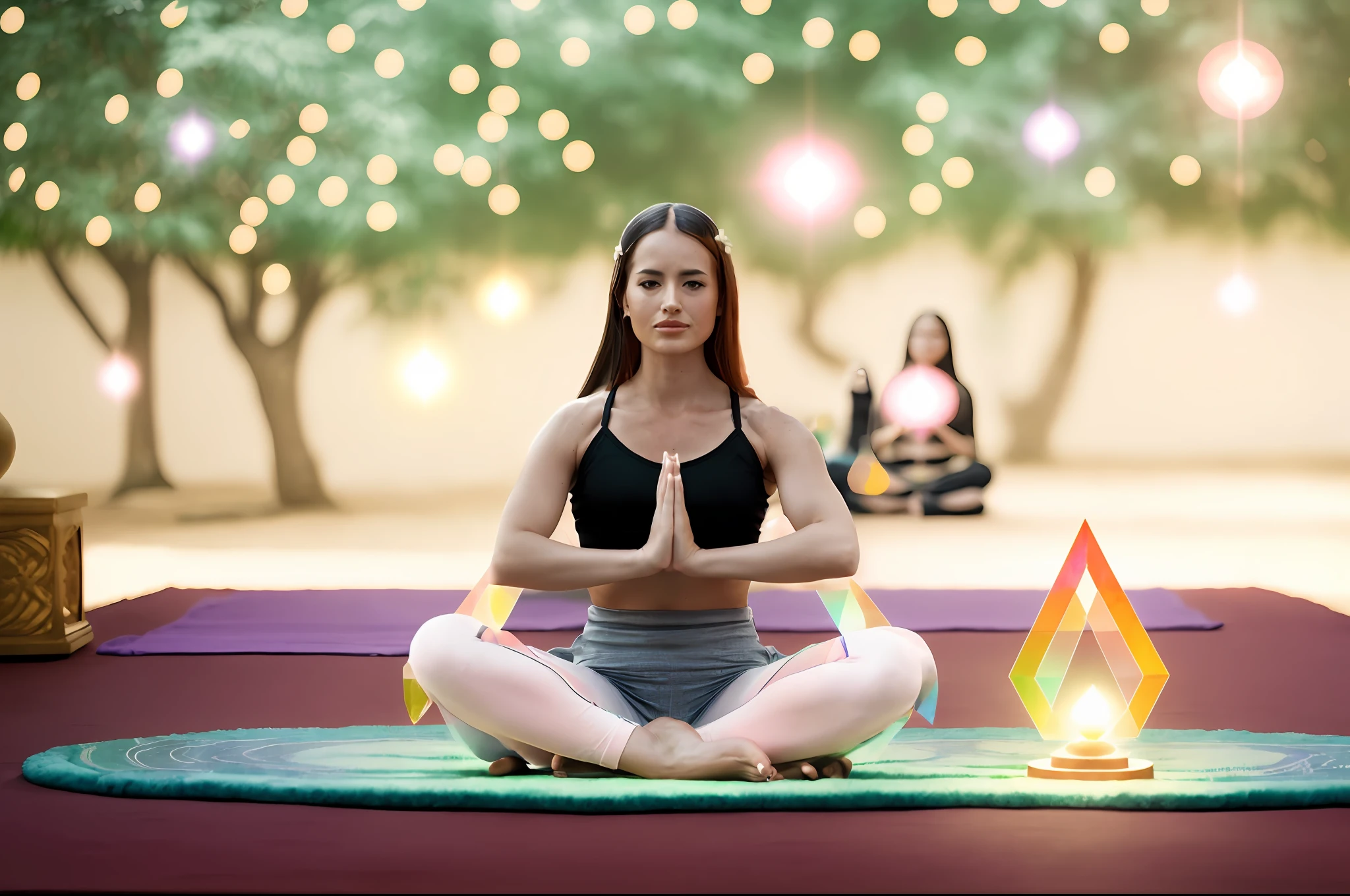 (girls in the center in the style of the mantra of love), around the star, ((aura of different colors), (esoteric), ((mantra)) meditating in the lotus position, royal aura,