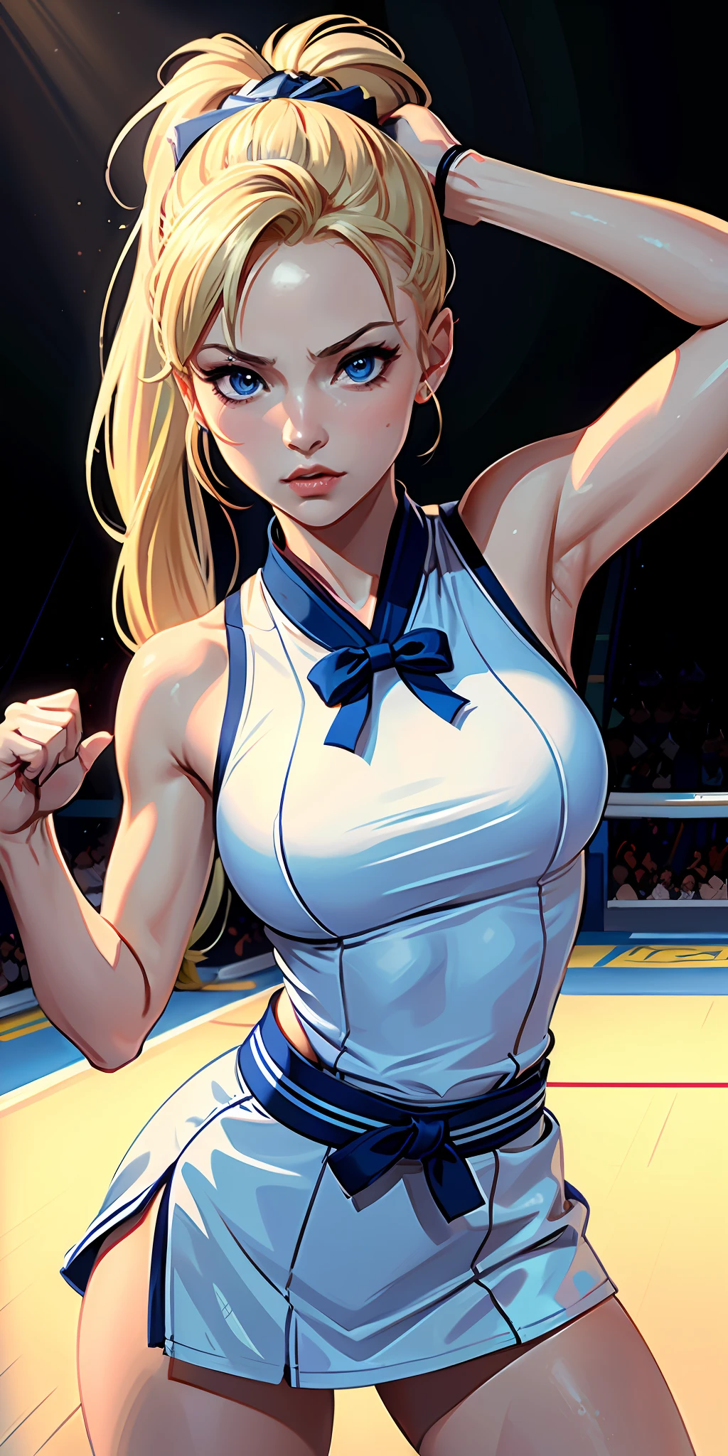 masterpiece, ultra high quality CG, best quality, perfect picture, solo, lidia sobieska (tekken, blond hair with high ponytail, blue eyes, bow, strong), karate pose, wearing a sexy karate outfit, in a fighting stadium, depth of field, highly detailed background