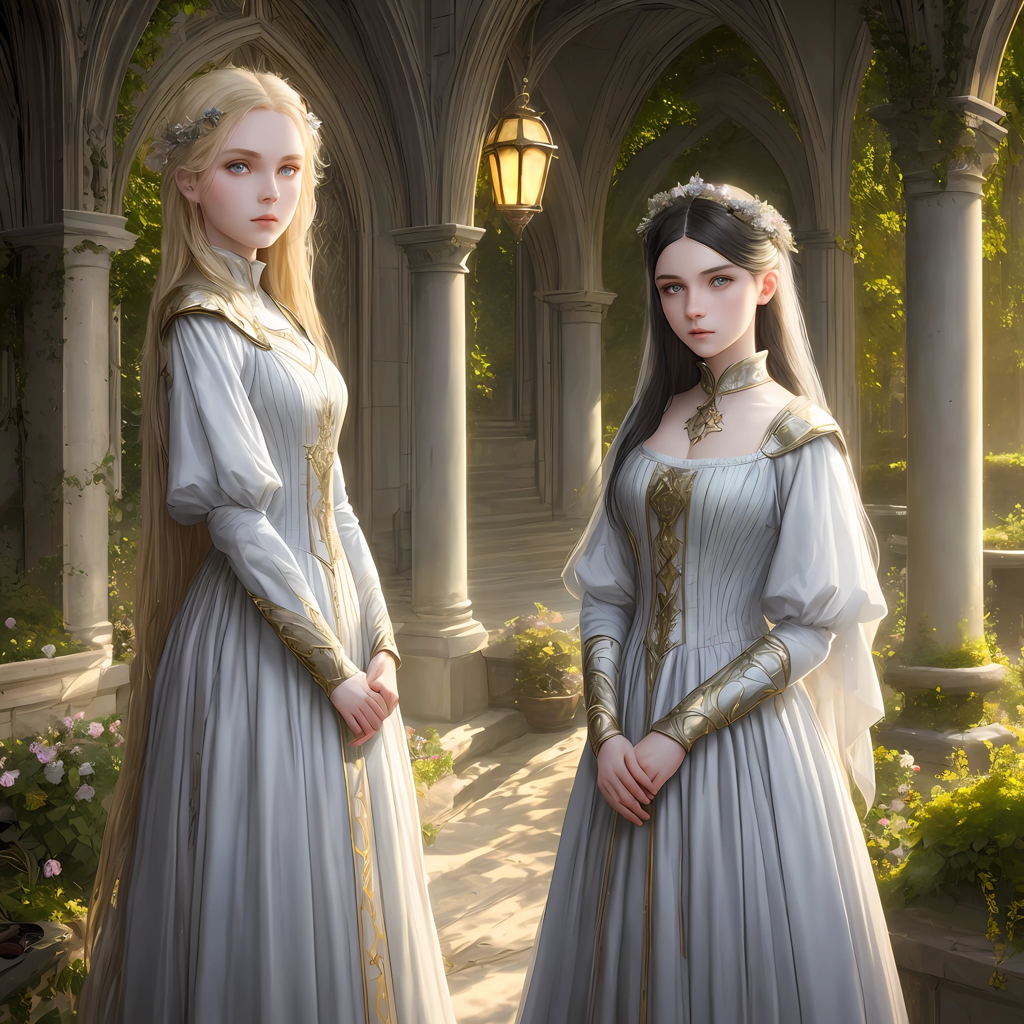 Ava Marie and Leah Rose, blue eyes, pale skin, detailed, beautiful, 16 years old, 1 black hair, 1 blond golden hair, medium, straigh and messy hair, detaiiled perfect eyes, delicate symmetric realistic and beautiful face, (sunny garden backgroung), medieval golden silver white lady dress, full body, masterpiece, fine detail, rich colors, dramatic lighting, extremely detailed, cinematic lighting hyperdetailed painting, luminism, Bar lighting, complex, 4k resolution concept art portrait by Greg Rutkowski, Artgerm, WLOP, Alphonse Mucha, little fusion pojatti realistic goth: a stunning realistic photograph