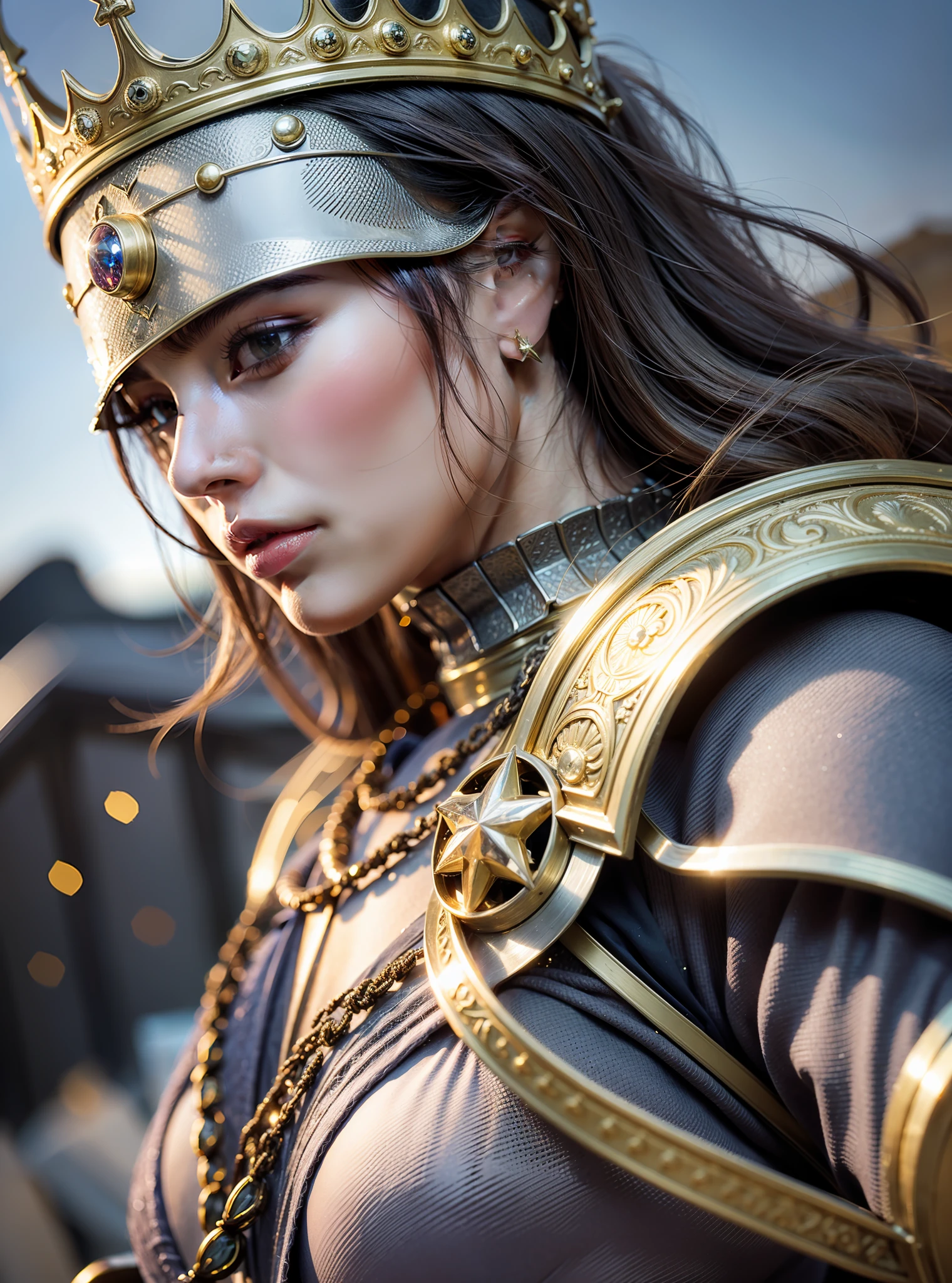 Illustration, woman, cinematic light, highest quality, ultra detailed realism, detailed face, detailed eyes, best quality, hyper detailed, masterpiece, On the battlefield, a woman in heavy and detailed armor, She is dressed in a heavy armor that glitters in the sunlight, every detail meticulously worked. Every piece of your armor is made to protect and display your strength. A steel crown adorns his head, showing his position of leadership, His eyes, fixed with an unwavering determination, shine through the openings of the visor, conveying a formidable intensity, An imposing breastplate embraces his torso, made of intertwined metal plates The glow of the armor reflects, His shoulders are protected by solid, ornate shoulder pads, which extend to the muscular arms covered by chainmail, war environment, realistic horses, sunlights, chaotic fields, smokes, light environment, celestial yellow orange tones