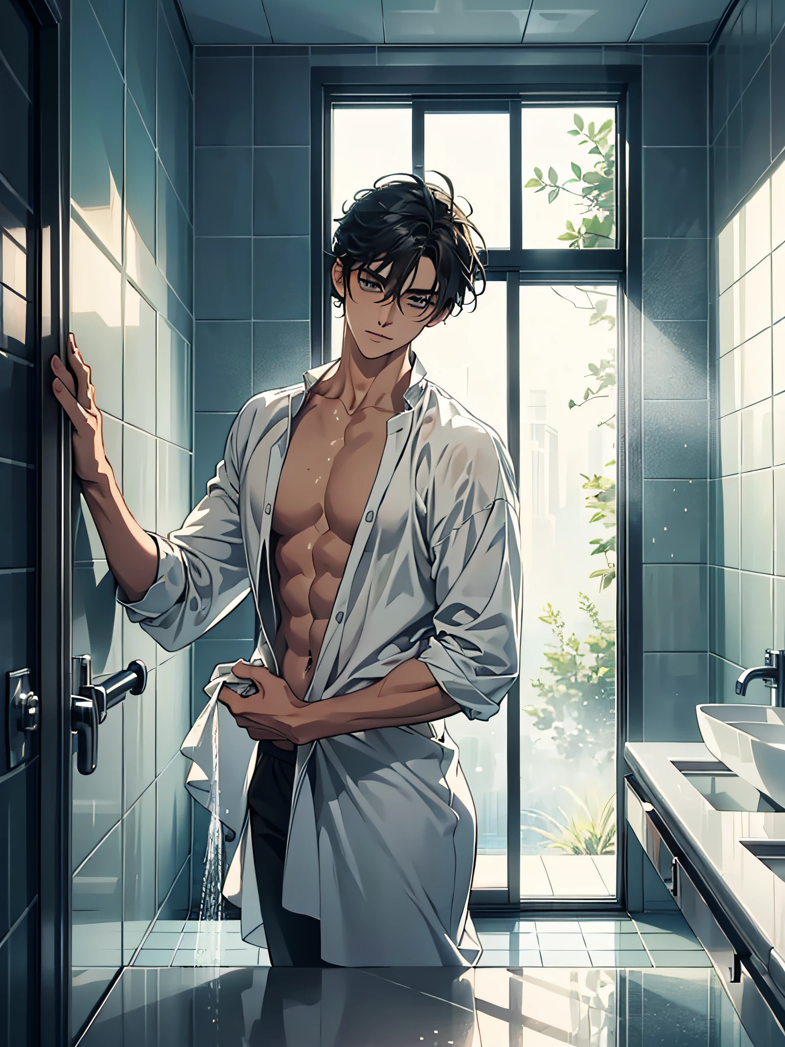 (1man), solo, beautiful detailed eyes, {{{masterpiece}}}, {{{best quality}}}, {{ultra-detailed}}, {illustration}, cinematic angle, {beautiful detailed eyes}, {detailed light},cinematic lighting. A man taking a refreshing shower in a modern, minimalist bathroom. The man stands under a rainfall showerhead, with water cascading over his toned physique. Droplets shimmer on his skin, reflecting the soft ambient lighting in the room. The bathroom features sleek, clean lines, with polished chrome fixtures and smooth stone tiles. The air is filled with the invigorating scent of citrus, adding to the sense of freshness. A glass partition separates the shower area from the rest of the bathroom, allowing natural light to flow through and creating an open and spacious atmosphere. The sound of running water and the gentle patter of droplets on the tiled floor create a soothing soundtrack. The scene represents a moment of rejuvenation and self-care, capturing the beauty of simplicity and cleanliness.