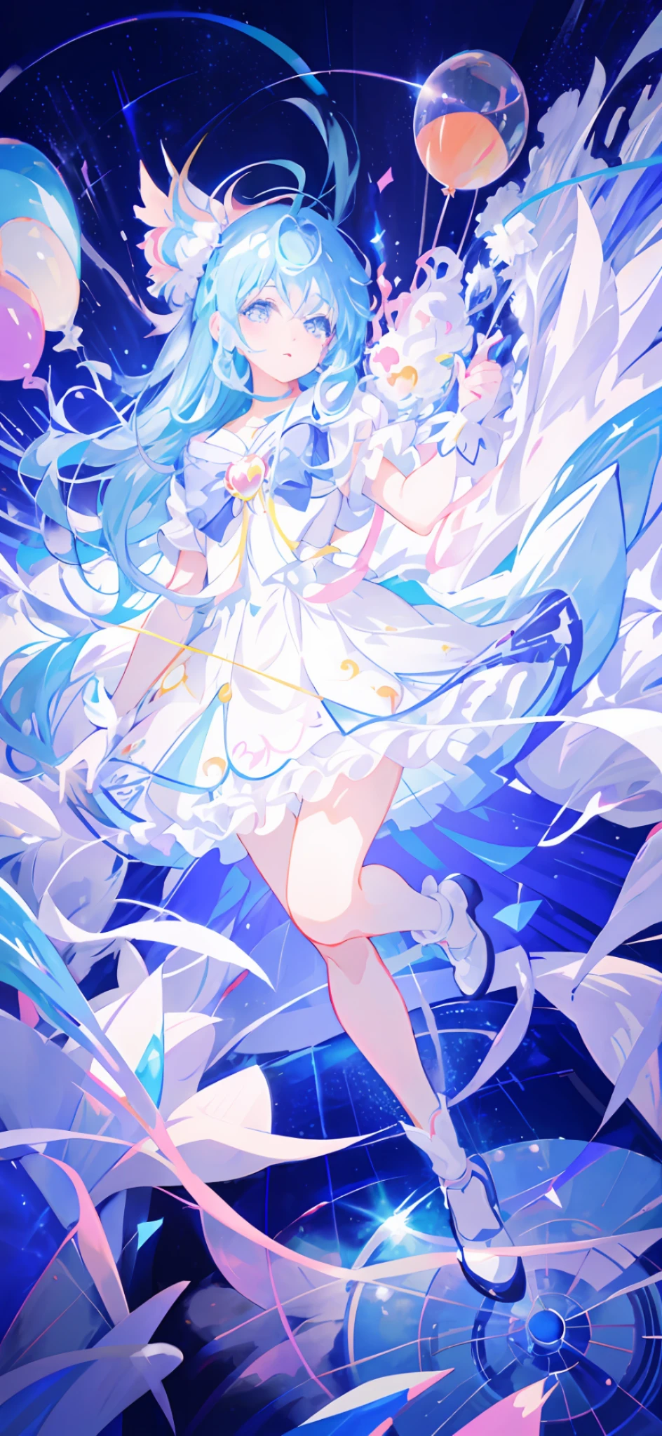 anime girl with blue hair and white dress holding a bunch of balloons, sparkling magical girl, magical girl, style of magical girl, portrait of magical girl, splash art anime , !!full body portrait!!, digital art on pixiv, by Kamagurka, pixiv style, high detailed official artwork, dreamy psychedelic anime, pixiv contest winner, pixiv