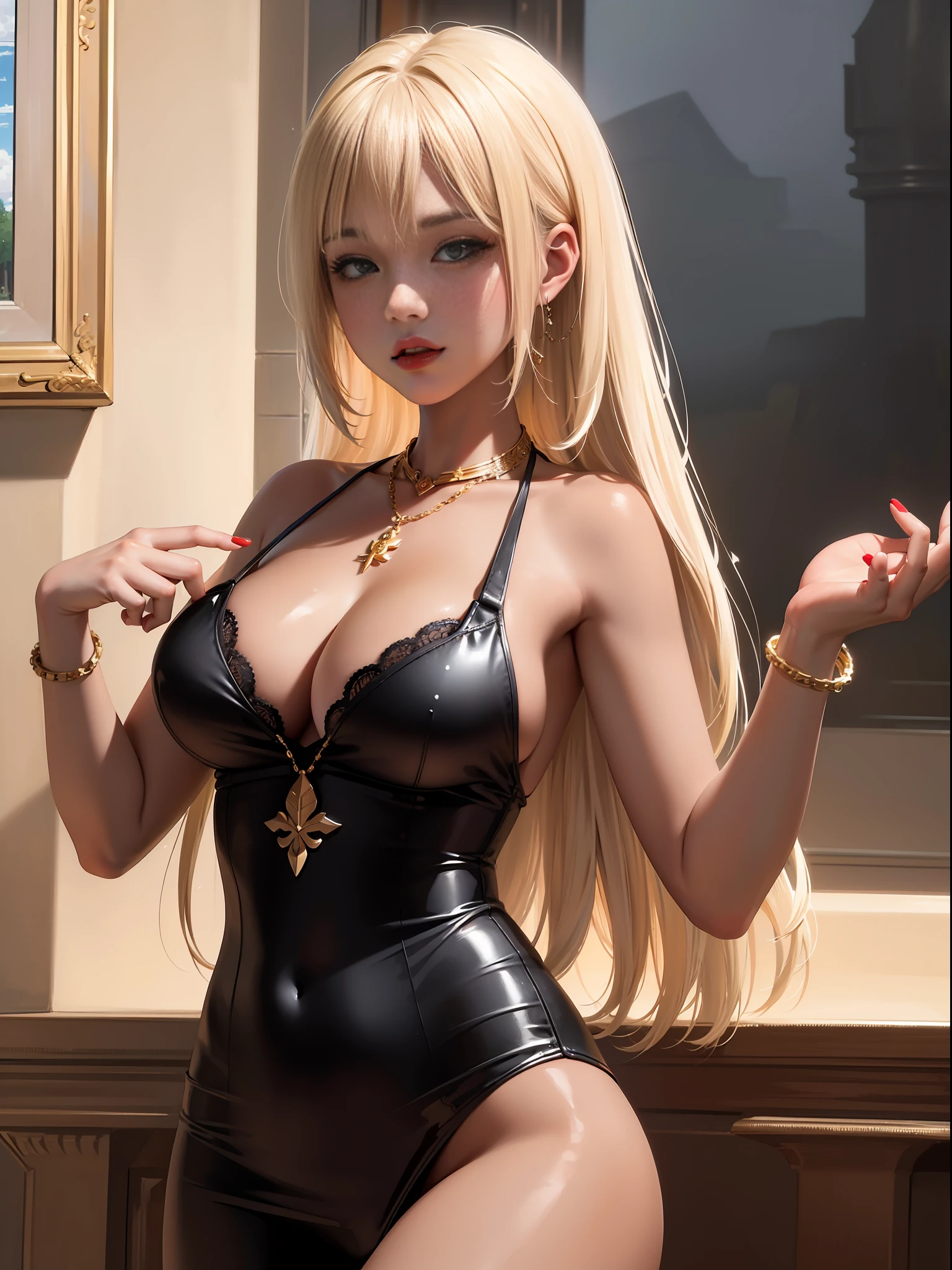 (best quality:1.3),(masterpiece:1.15),(illustration:1.23),(ultra-detailed:1.26), (4k res), Blonde hair, red eyes, medium breasts, medium thighs, symmetrical eyes, perfect details, SFW, Dark skin, Tan lines, arm tattoo, Black Shirt, Gold chain necklace, Red Finger nails,