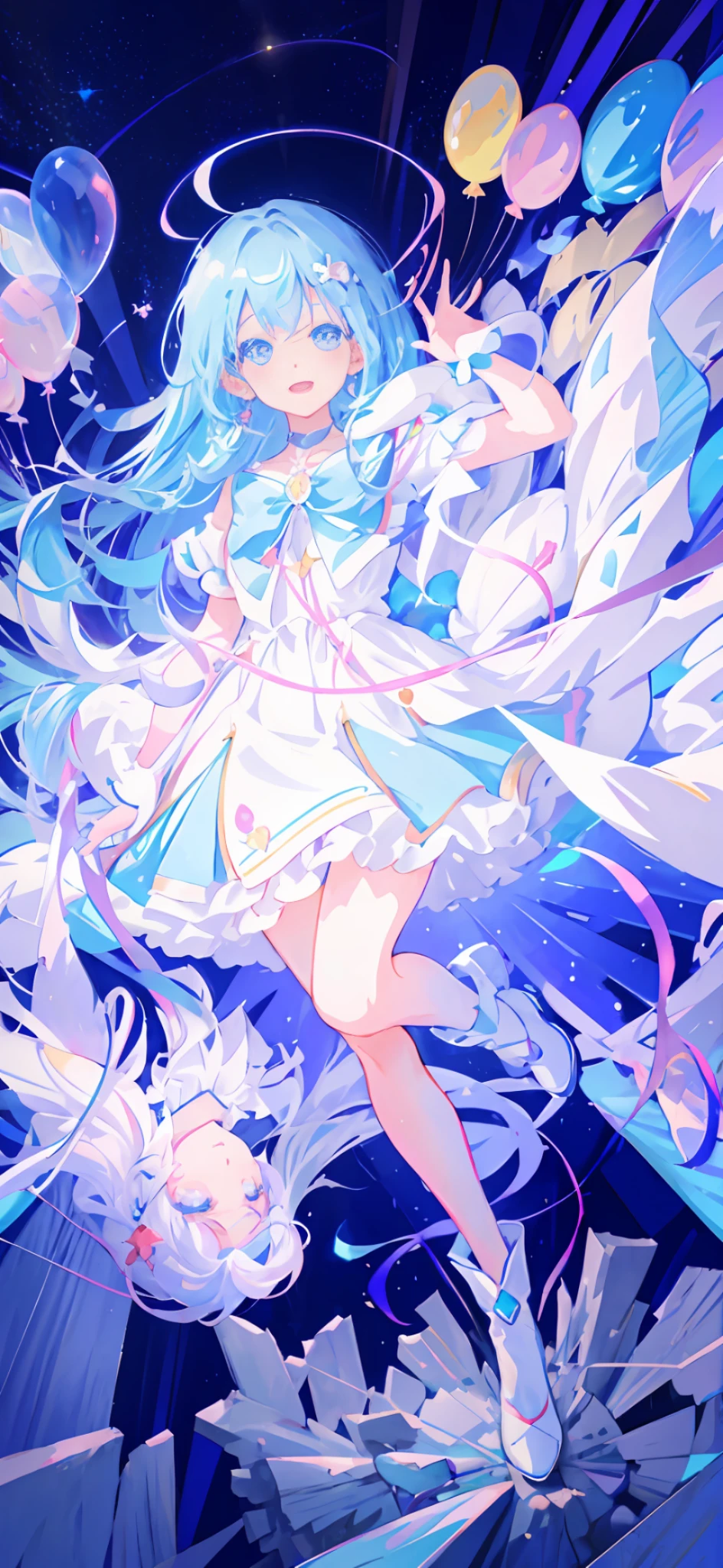 anime girl with blue hair and white dress holding a bunch of balloons, sparkling magical girl, magical girl, style of magical girl, portrait of magical girl, splash art anime , !!full body portrait!!, digital art on pixiv, by Kamagurka, pixiv style, high detailed official artwork, dreamy psychedelic anime, pixiv contest winner, pixiv