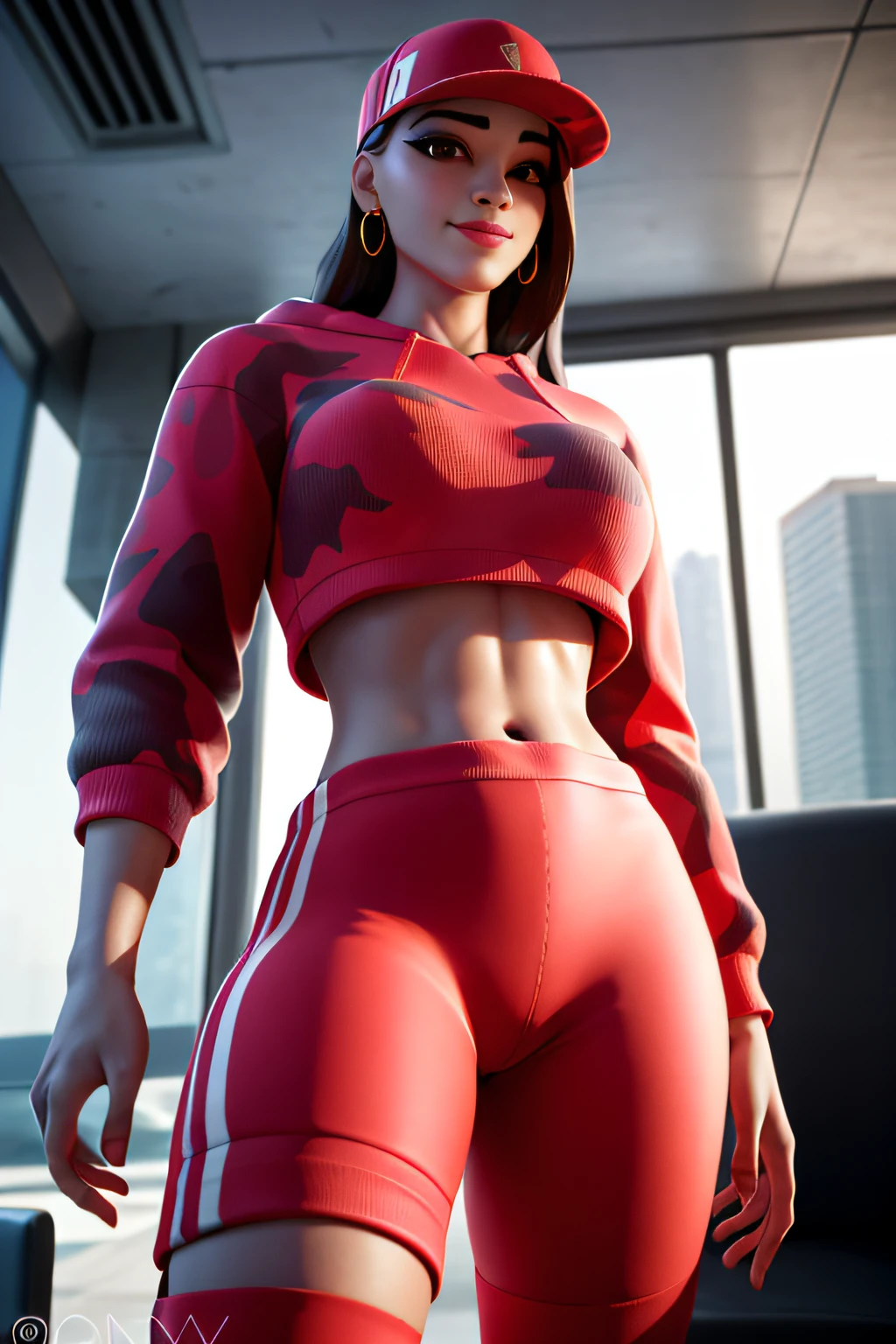 1girl, beautiful, smirk, wearing a hat, earrings, red camo sweatshirt, red_legwear, long hair, brown hair, mascara, nose lips, standing, midriff, naval, earrings, (realistic:1.5), cyberpunk, neon city, neon lights, 3d, cgi, volumetric lightning, from below, white sclera, brown eyes
