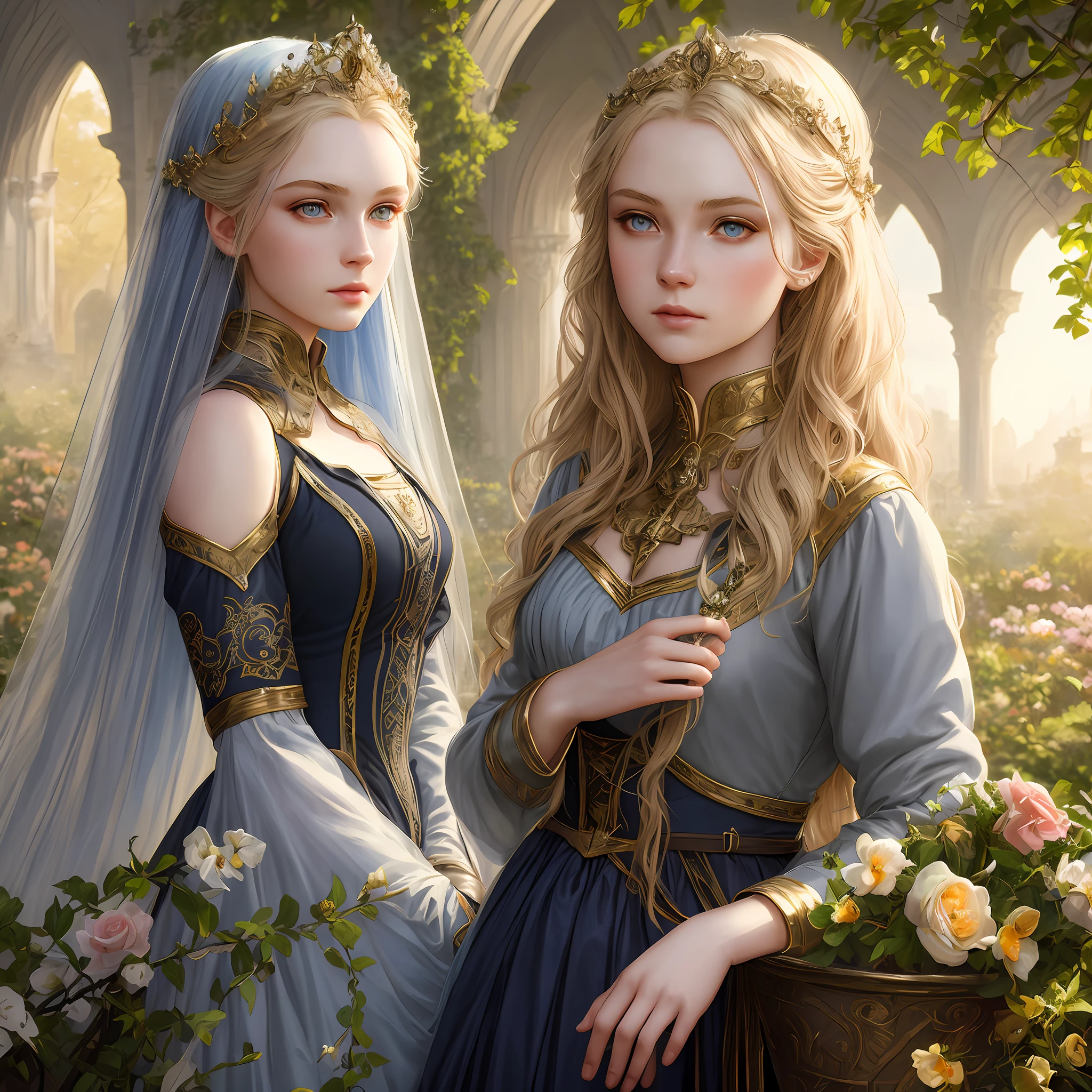 Ava Marie and Leah Rose, blue eyes, pale skin, detailed, beautiful, 16 years old, 1 black hair, 1 blond golden hair, medium, straigh and messy hair, detaiiled perfect eyes, delicate symmetric realistic and beautiful face, (sunny garden backgroung), medieval golden silver princess dress, full body, eclipse, masterpiece, fine detail, rich colors, dramatic lighting, extremely detailed, cinematic lighting hyperdetailed painting, luminism, Bar lighting, complex, 4k resolution concept art portrait by Greg Rutkowski, Artgerm, WLOP, Alphonse Mucha, little fusion pojatti realistic goth: a stunning realistic photograph